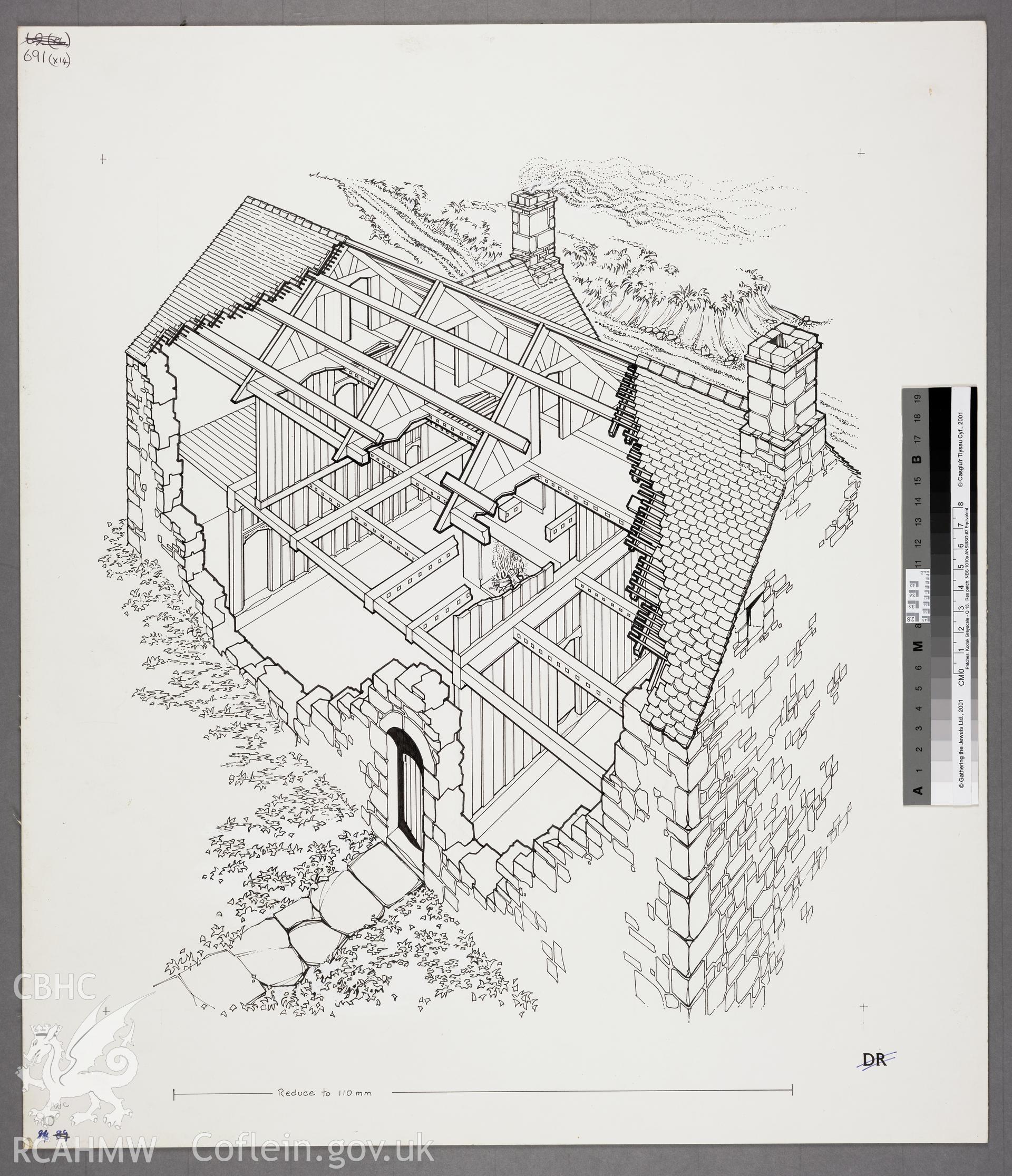RCAHMW drawing showing cutaway of Plas Newydd, Llanfair Talhaiarn, published in Houses of the Welsh Countryside, fig 90.