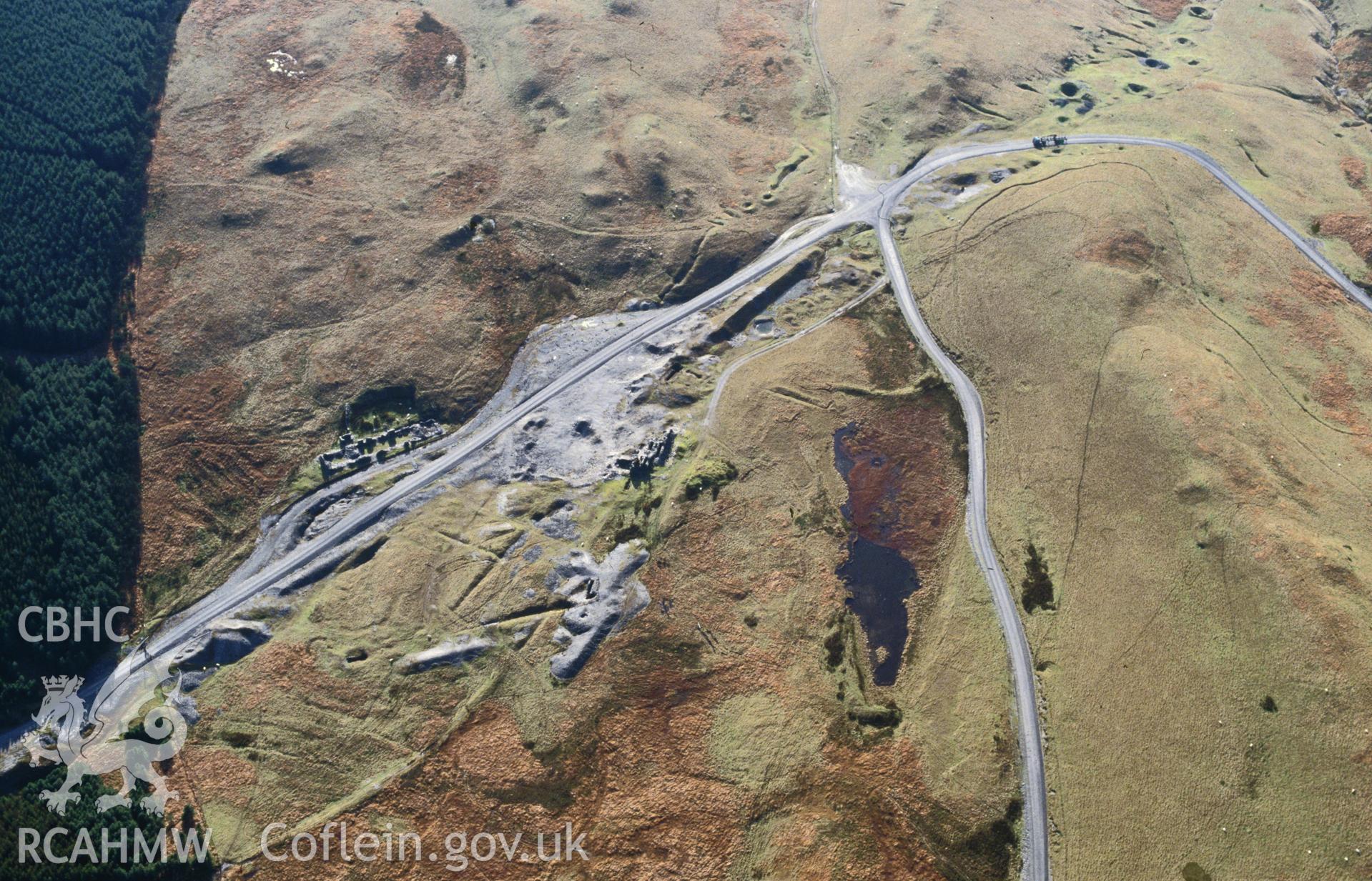 Slide of RCAHMW colour oblique aerial photograph of Esgair Hir Lead Mine, taken by C.R. Musson, 30/10/1992.