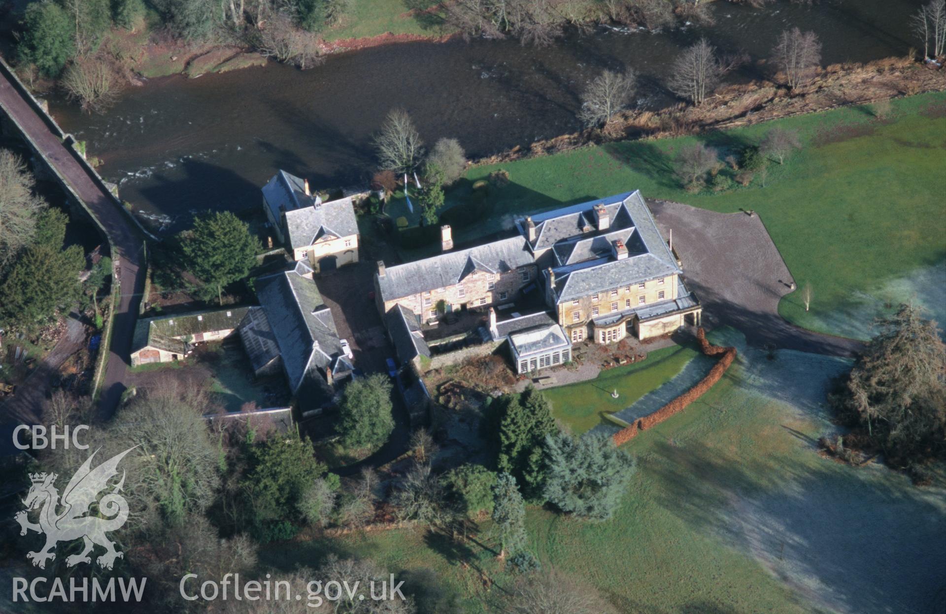 Slide of RCAHMW colour oblique aerial photograph of Penpont Manor House, Penpont, Brecon, taken by T.G. Driver, 2/1/2001.