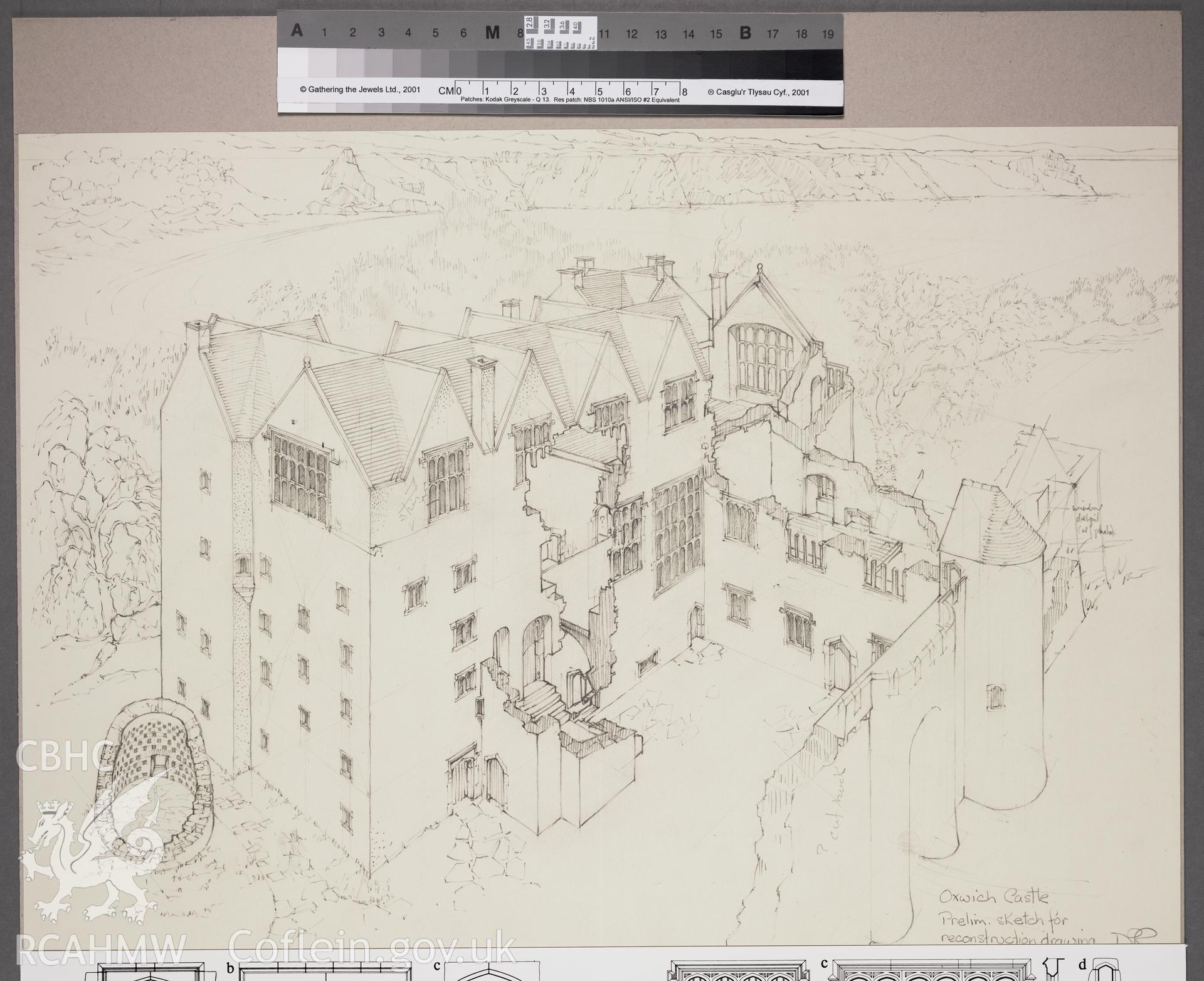Digital copy of a preliminary sketch produced for reconstruction drawing of Oxwich Castle, Glamorgan, the finished drawing was published in Glamorgan The Greater Houses fig 7. This image forms part of drawing no 31(X9)