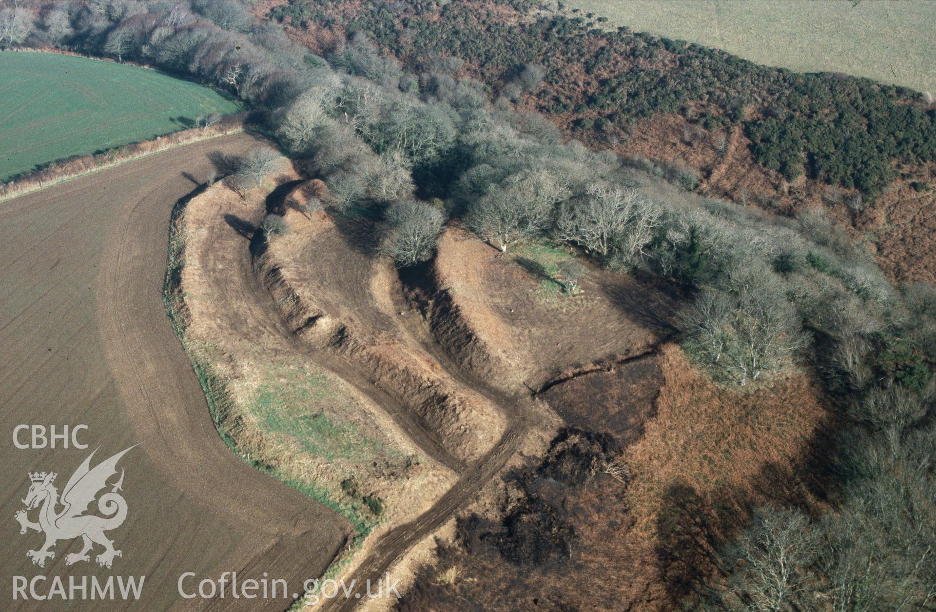Slide of RCAHMW colour oblique aerial photograph of Brawdy Castle, taken by C.R. Musson, 14/1/1997.