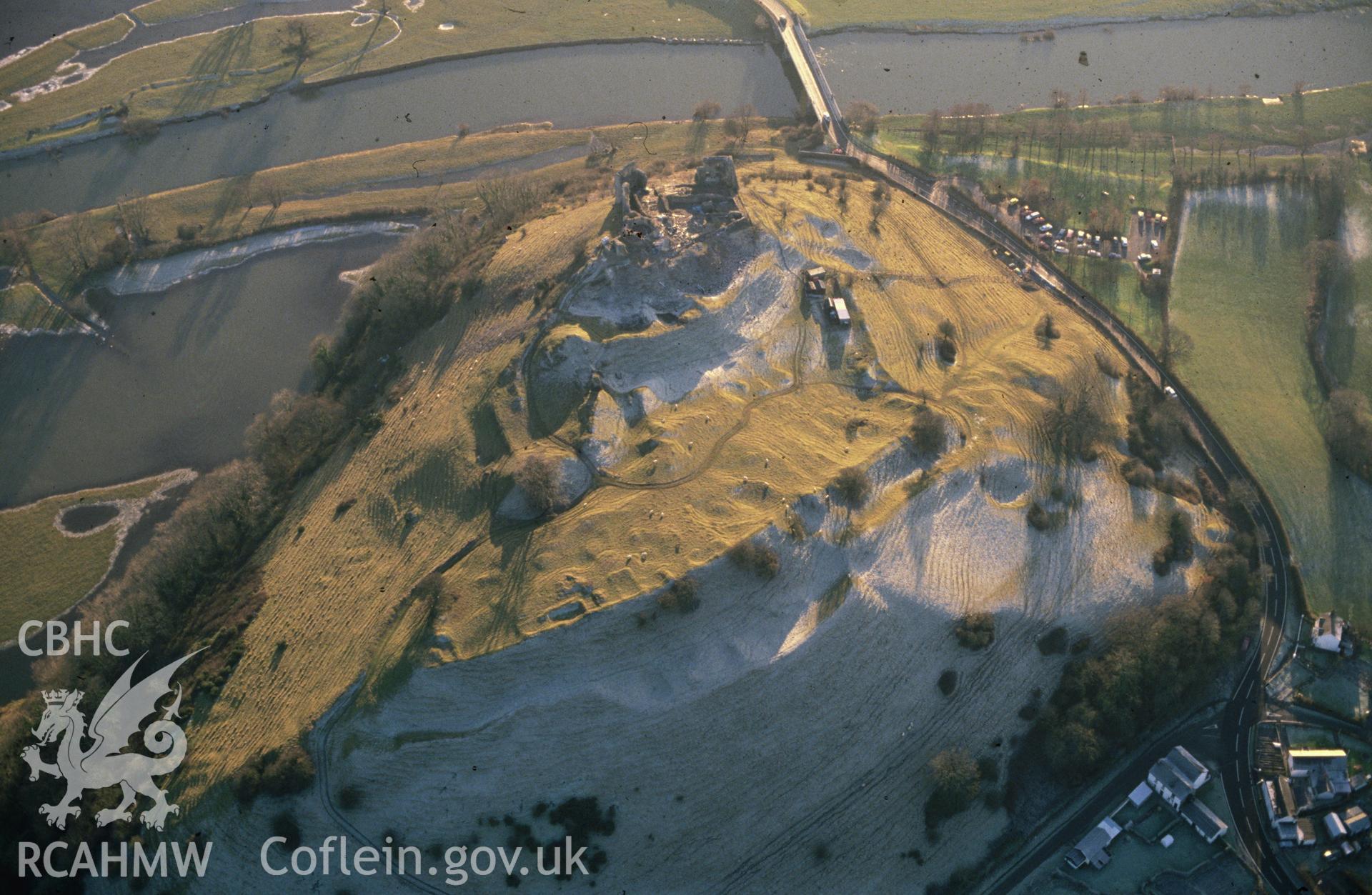Slide of RCAHMW colour oblique aerial photograph of Dryslwyn Castle, taken by C.R. Musson, 13/1/1991.