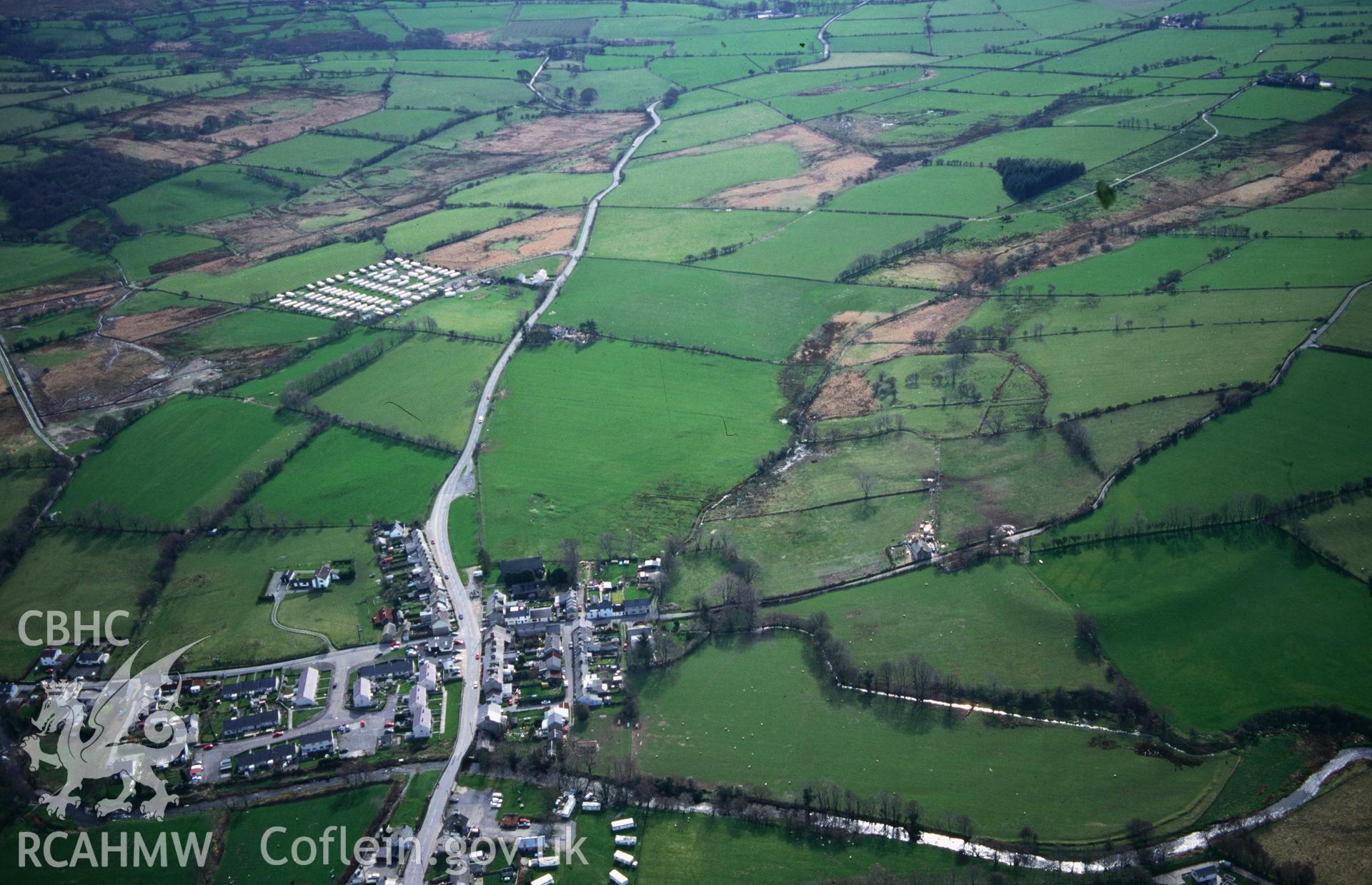 Slide of RCAHMW colour oblique aerial photograph of Pontrhydfendigaid Landscape, taken by T.G. Driver, 31/3/1998.