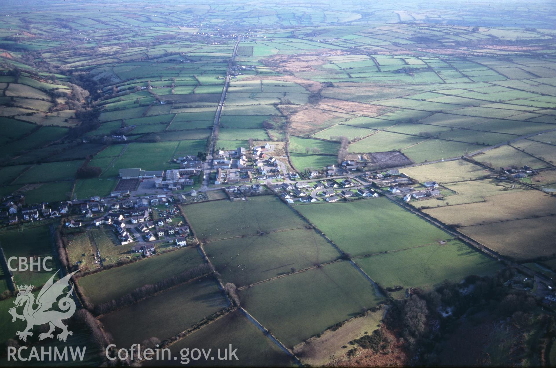 Slide of RCAHMW colour oblique aerial photograph of Crymych, taken by T.G. Driver, 27/1/1998.
