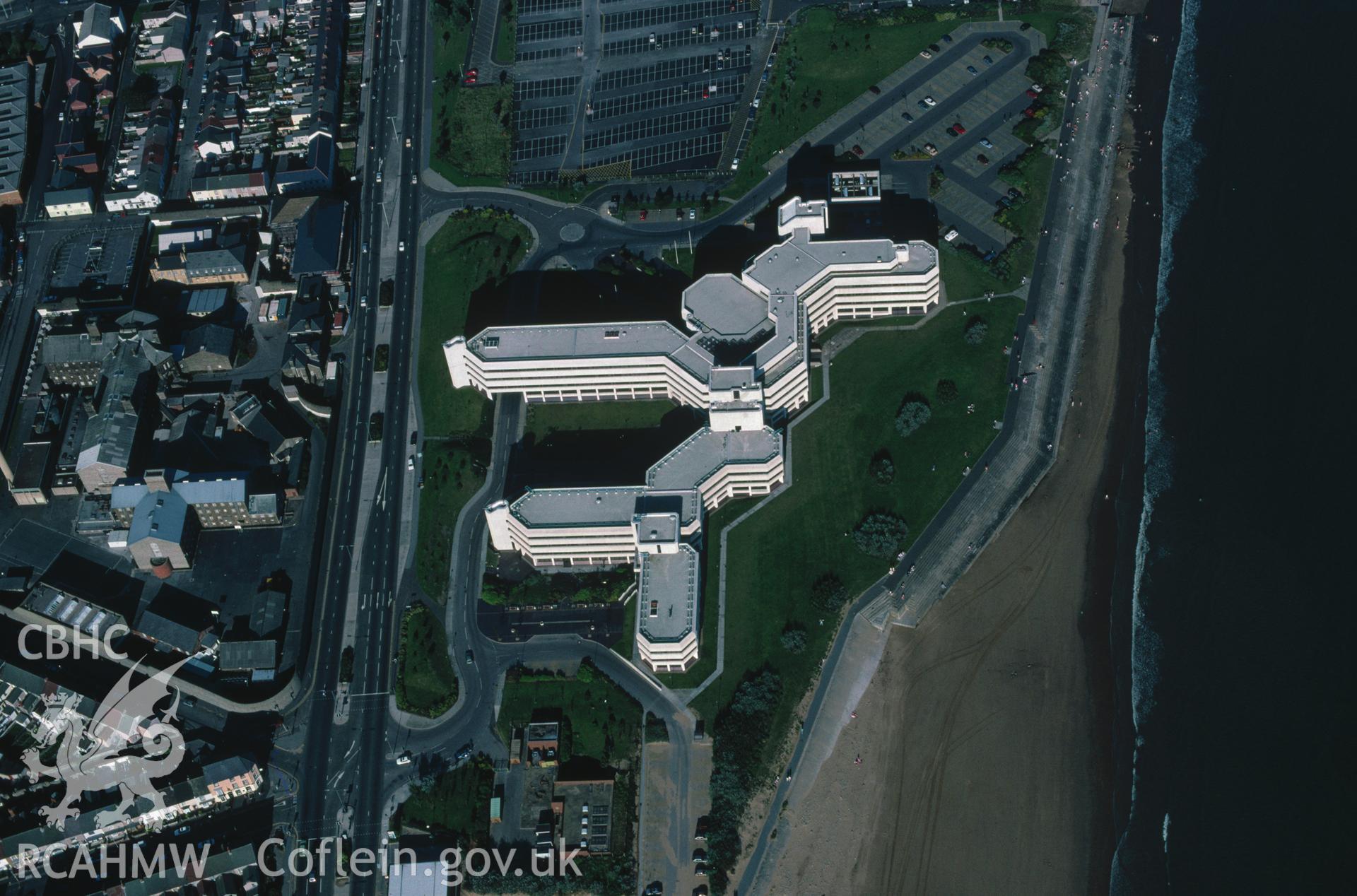Slide of RCAHMW colour oblique aerial photograph of County Hall, Swansea, taken by C.R. Musson, 25/8/1991.