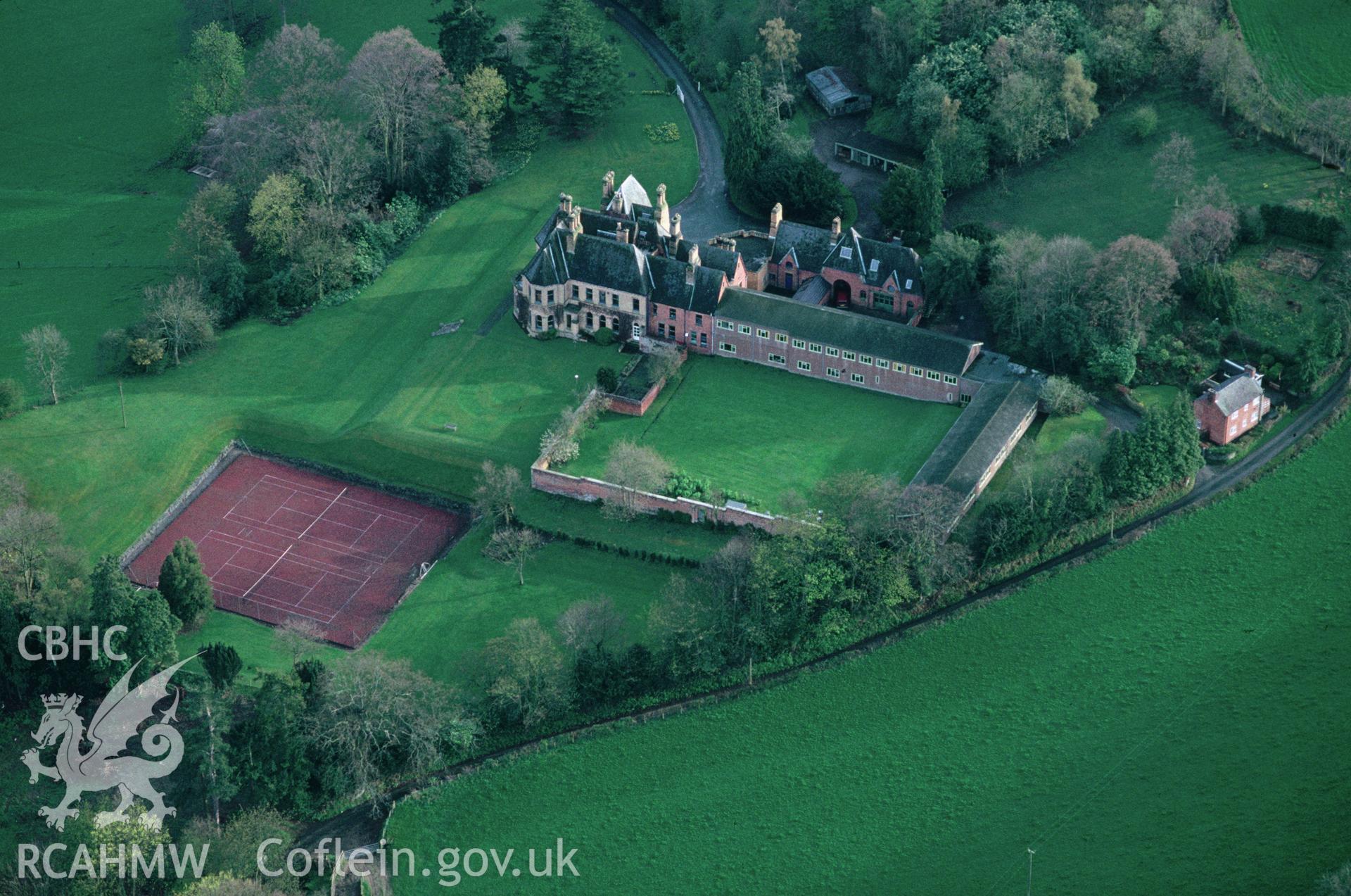 Slide of RCAHMW colour oblique aerial photograph of Brookland Hall, taken by C.R. Musson, 12/4/1993.