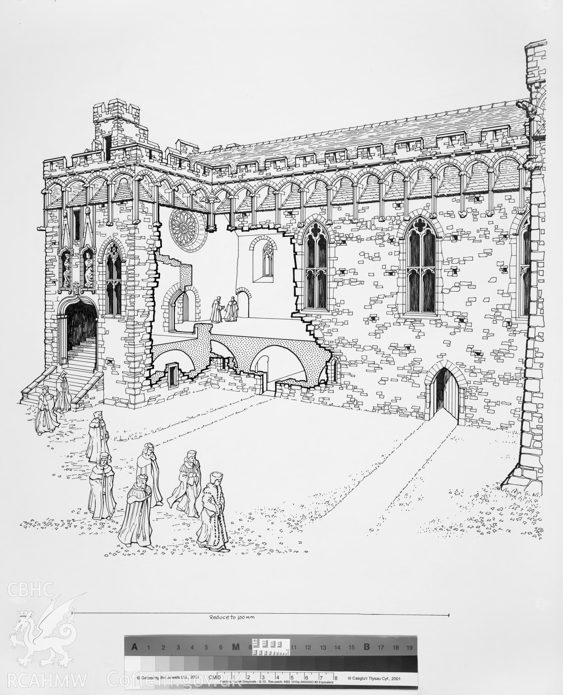 RCAHMW drawing showing reconsruction cutaway of Bishop's Palace, St David's, published in Houses of the Welsh Countryside, fig 1.