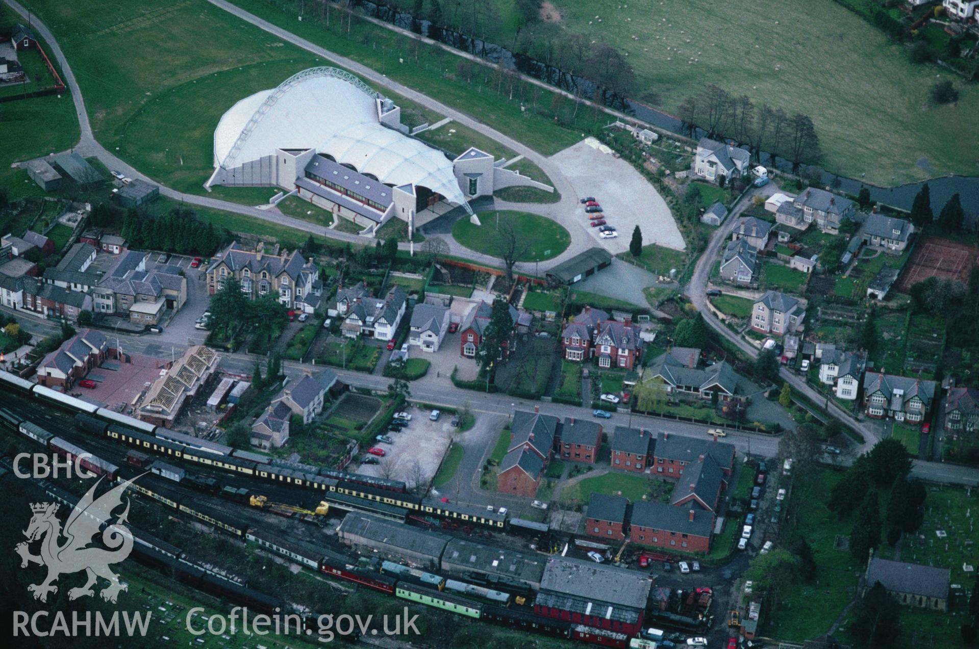 Slide of RCAHMW colour oblique aerial photograph of Llangollen, Eisteddfod Pavilion, taken by C.R. Musson, 4/4/1993.