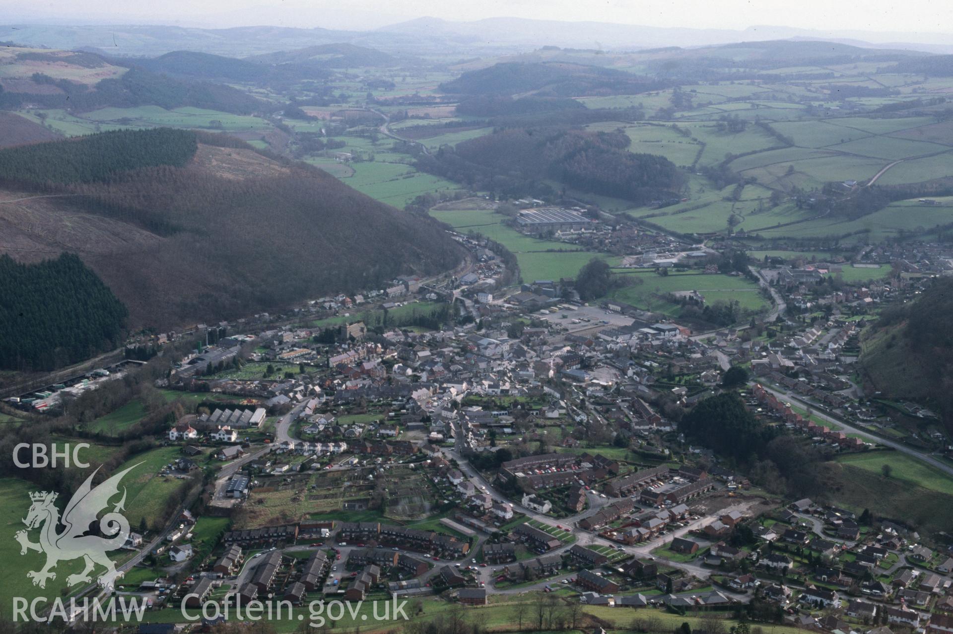 Slide of RCAHMW colour oblique aerial photograph of Knighton, taken by C.R. Musson, 14/3/1999.