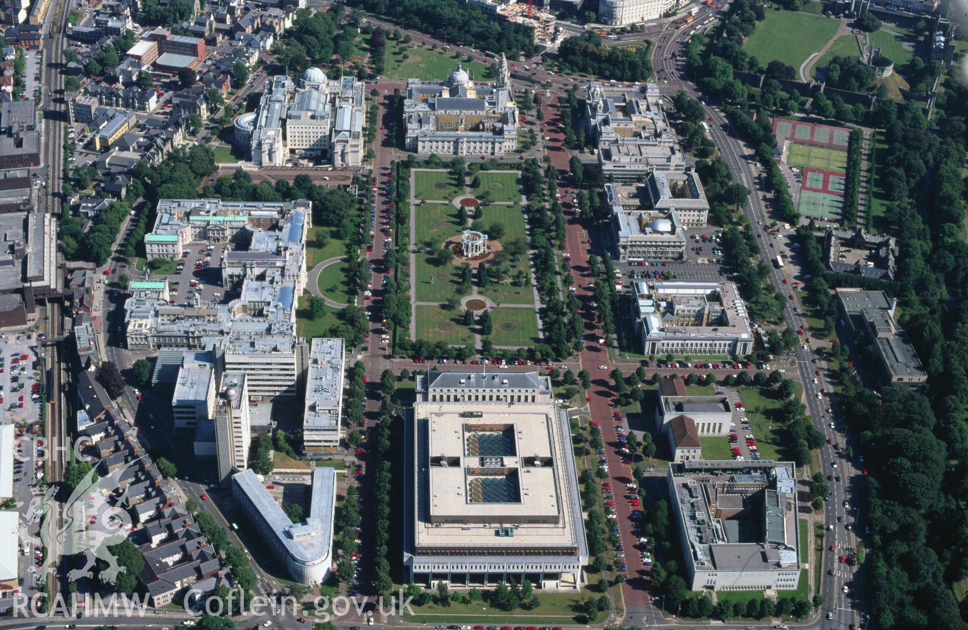 RCAHMW colour oblique aerial photograph of Cathays Park taken on 20/07/1995 by C.R. Musson