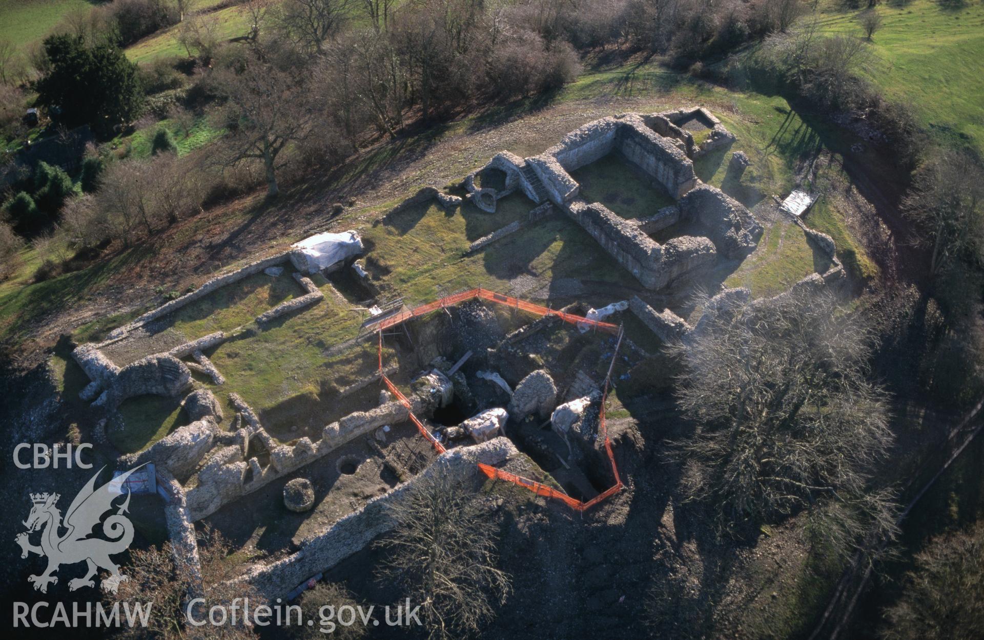 Slide of RCAHMW colour oblique aerial photograph of Dolforwyn Castle, taken by C.R. Musson, 20/12/1998.