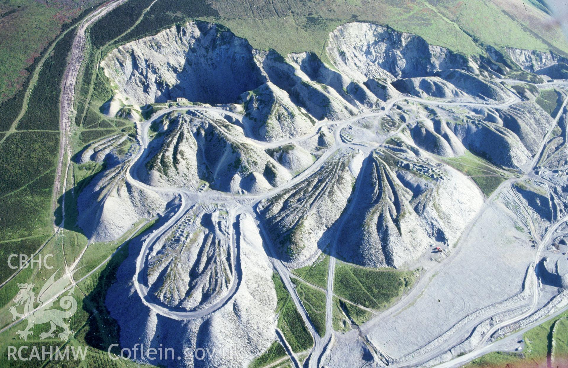 Slide of RCAHMW colour oblique aerial photograph of Moel-y-faen Quarries, taken by C.R. Musson, 27/6/1993.