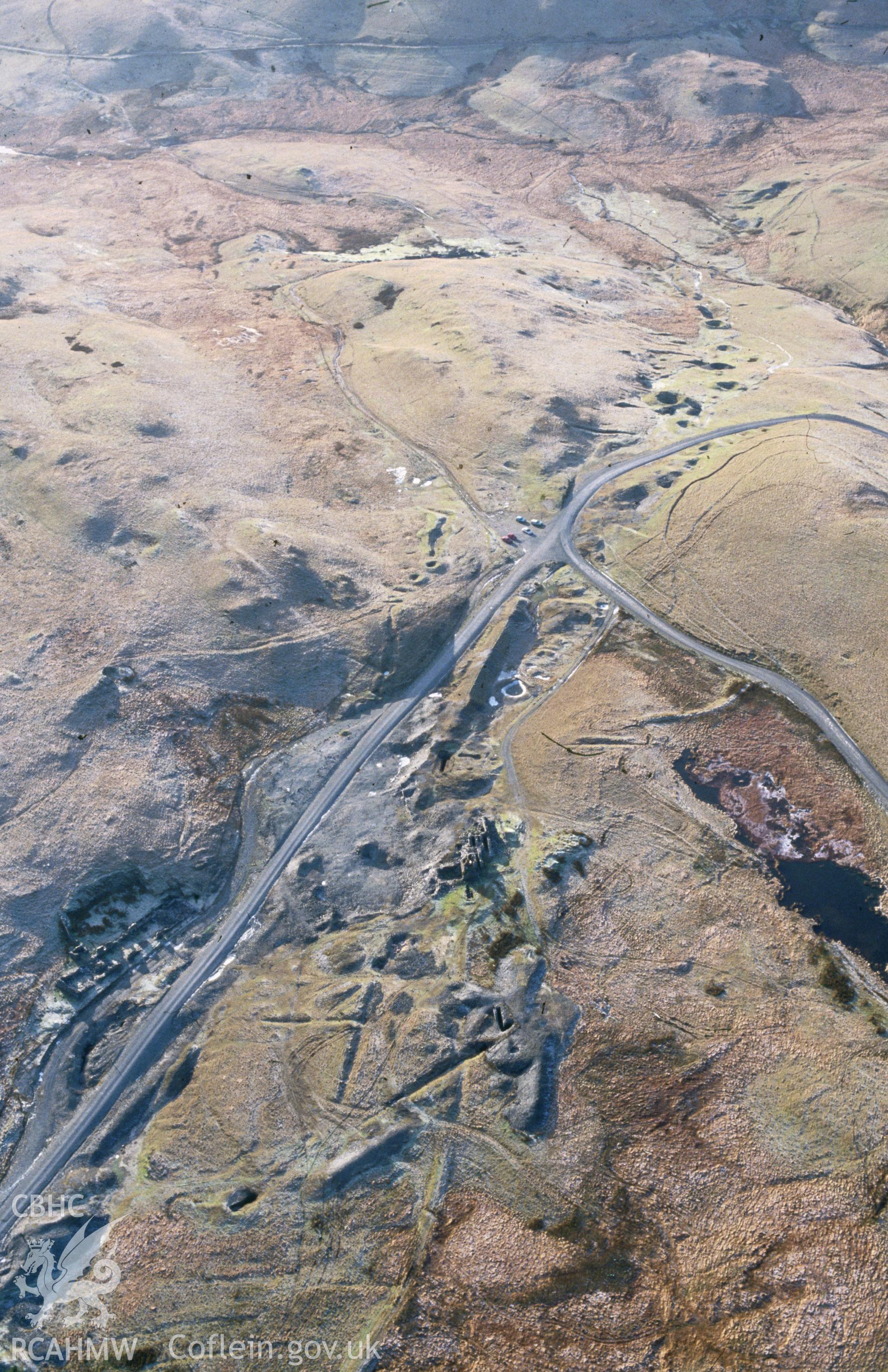 Slide of RCAHMW colour oblique aerial photograph of Esgair Hir Lead Mine, taken by C.R. Musson, 20/12/1992.