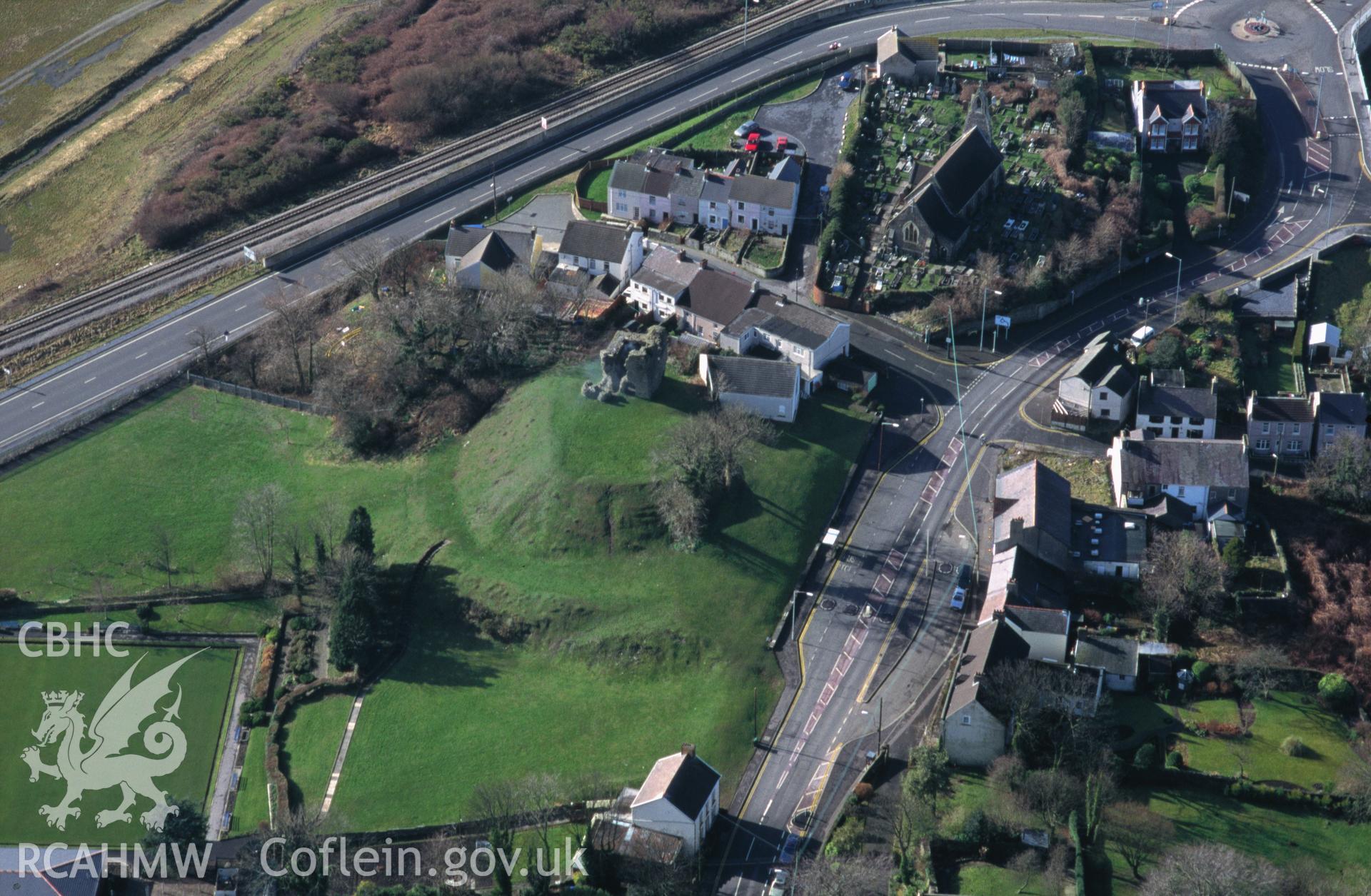 Slide of RCAHMW colour oblique aerial photograph of Loughor Castle, taken by C.R. Musson, 15/2/1997.