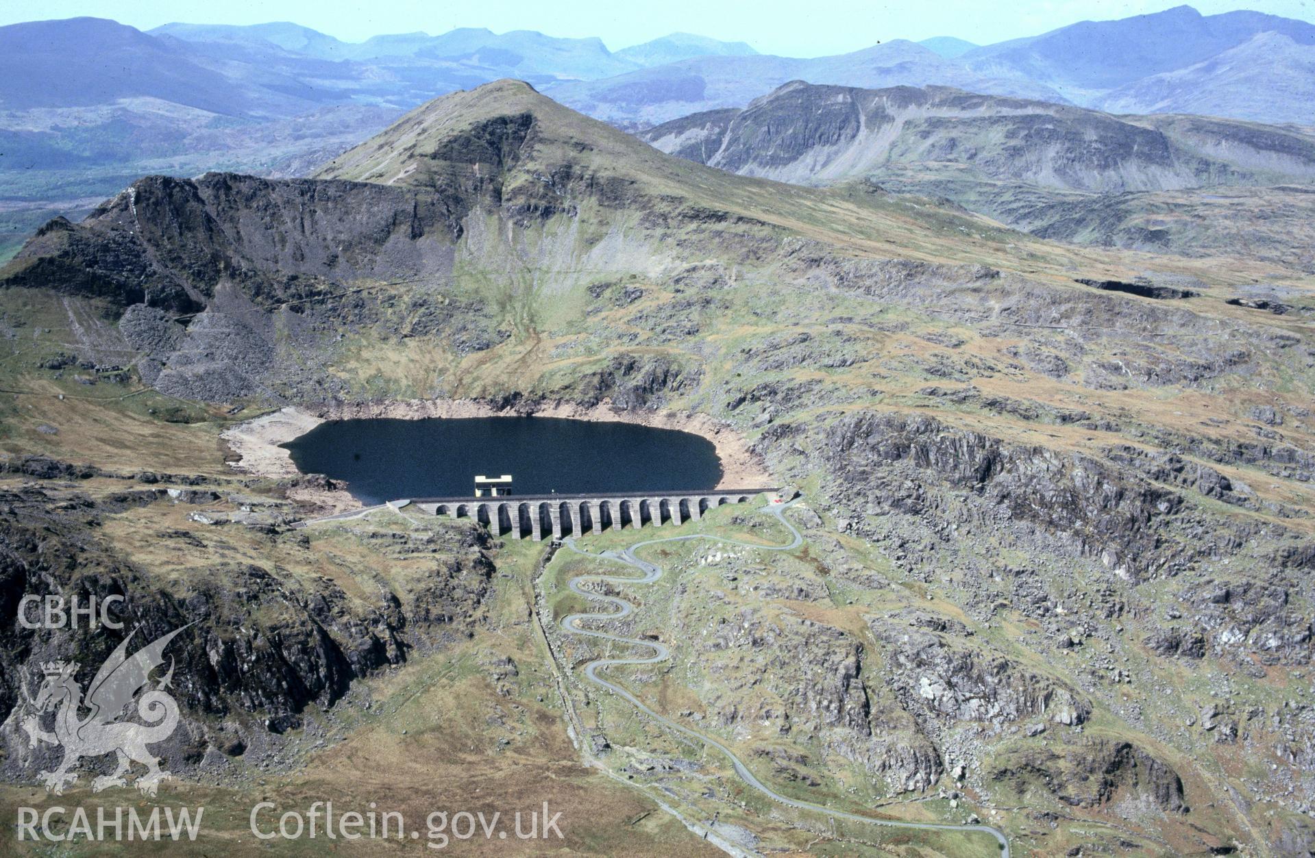 Slide of RCAHMW colour oblique aerial photograph of Llyn Stwlan Reservoir, taken by C.R. Musson, 4/5/1993.