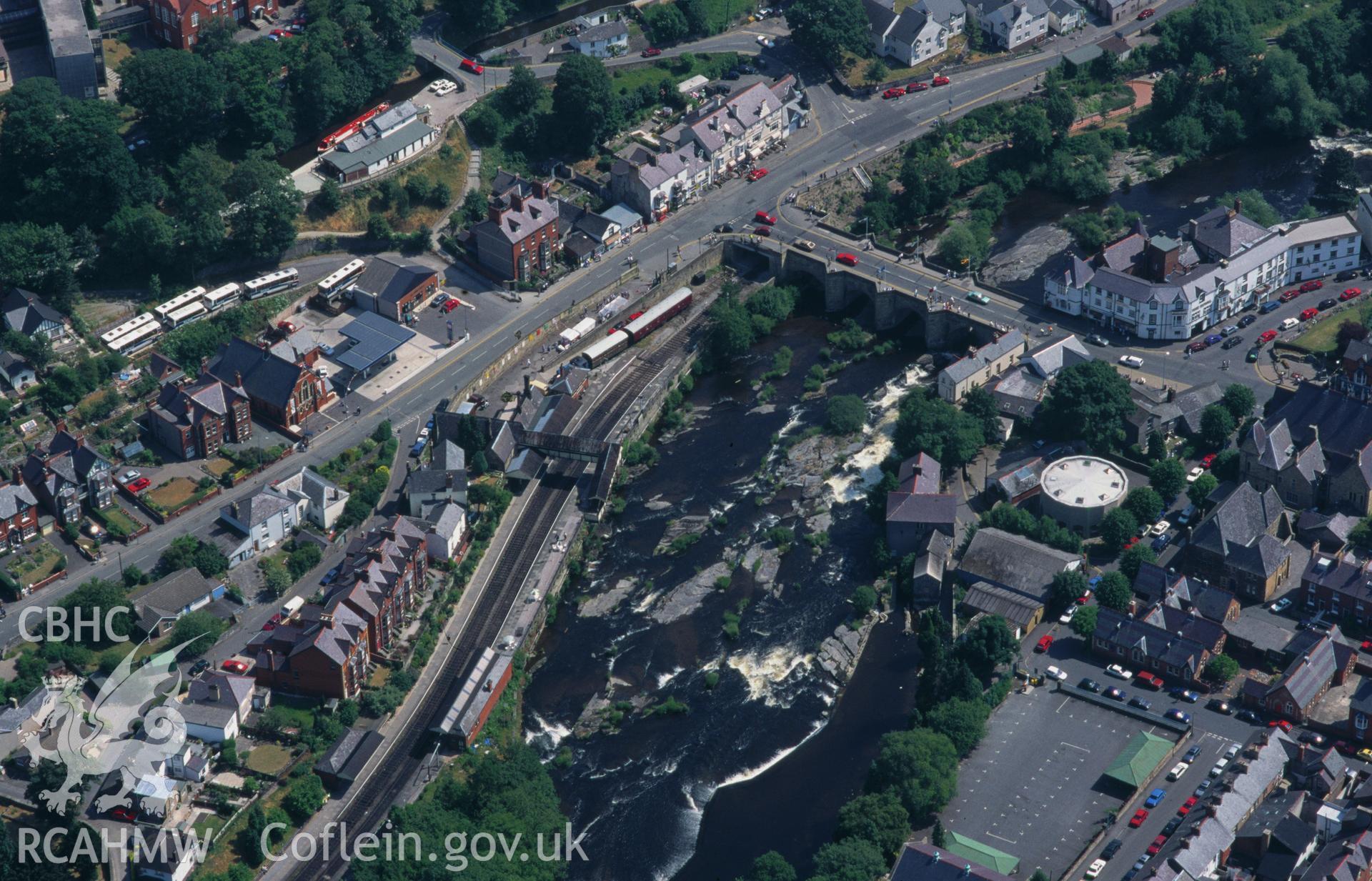 Slide of RCAHMW colour oblique aerial photograph of Llangollen Bridge, taken by C.R. Musson, 9/7/1995.