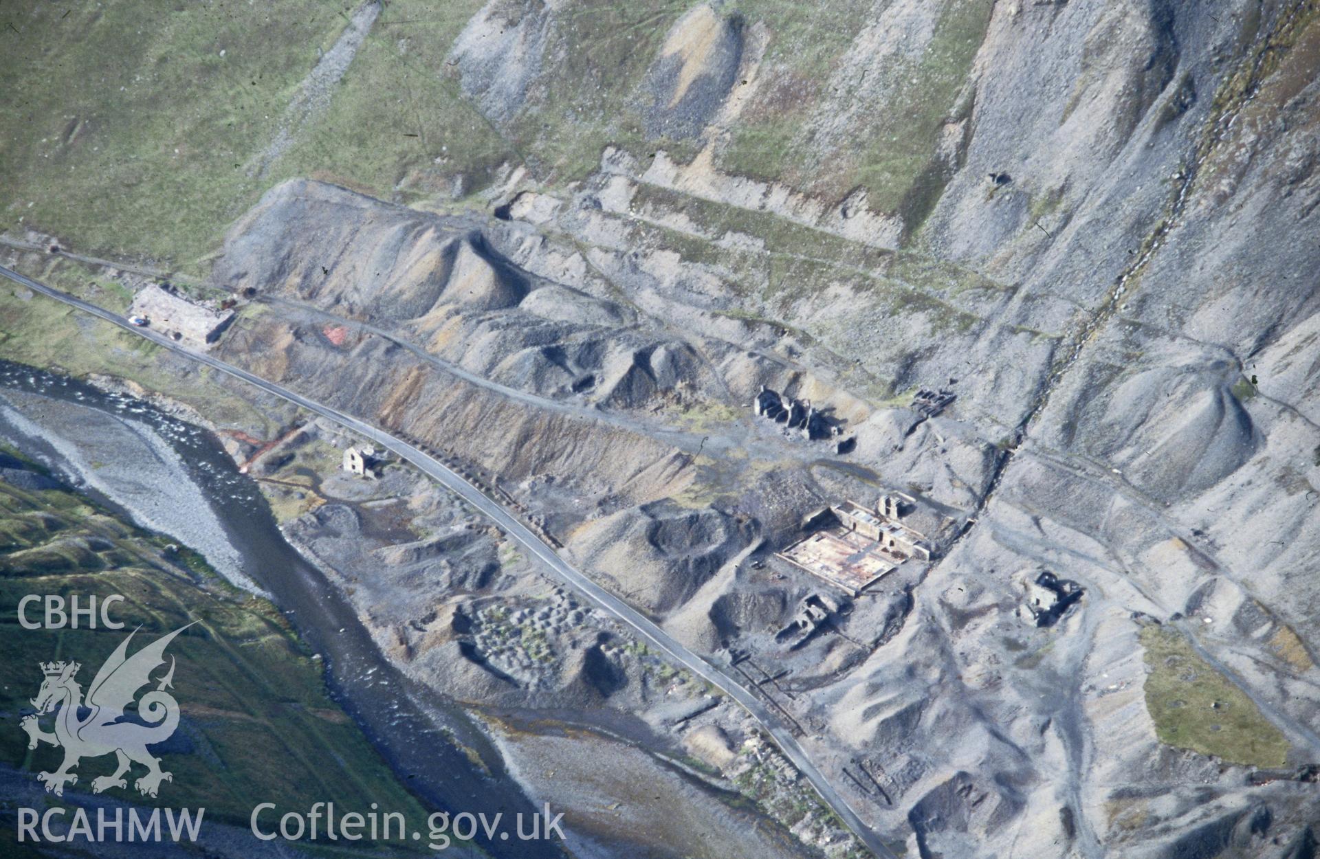 Slide of RCAHMW colour oblique aerial photograph of Cwmystwyth Lead Mines, taken by C.R. Musson, 29/10/1992.