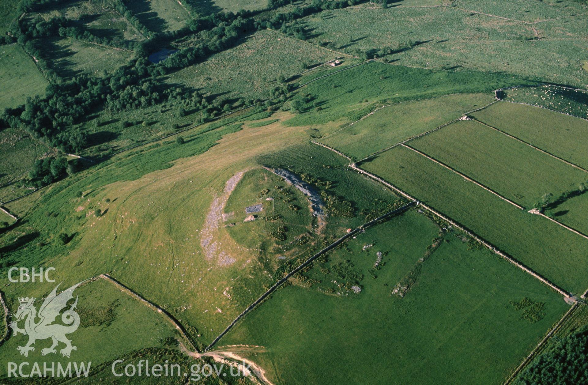 Slide of RCAHMW colour oblique aerial photograph of Caer Cadwgan, taken by C.R. Musson, 24/6/1989.