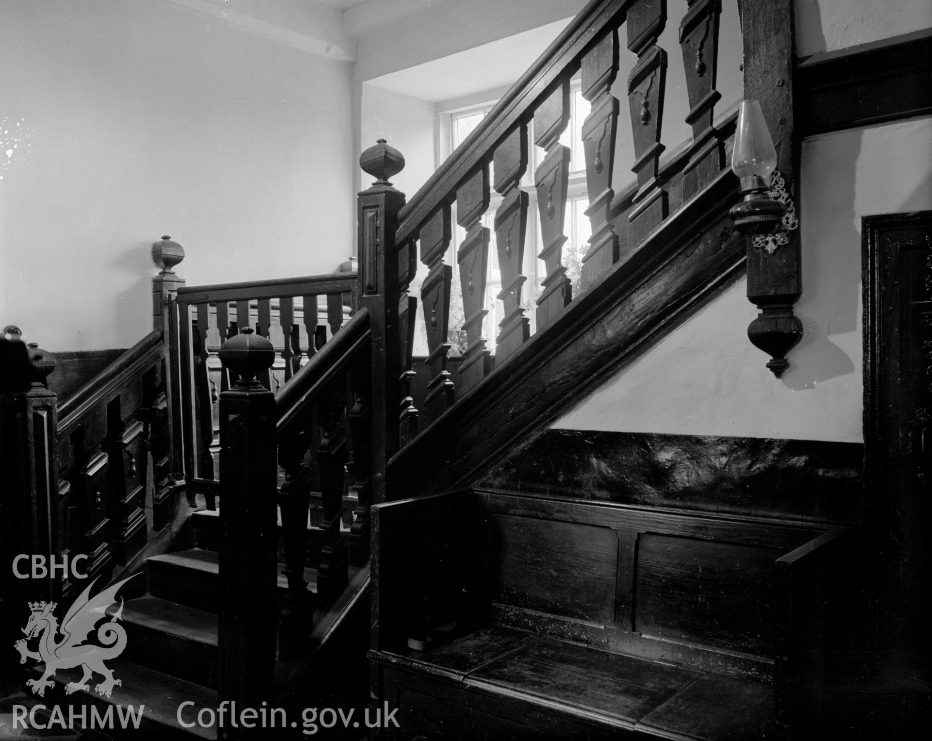 Wooden stair case/banister. A wooden dog gate is situated at the bottom of the stairs.