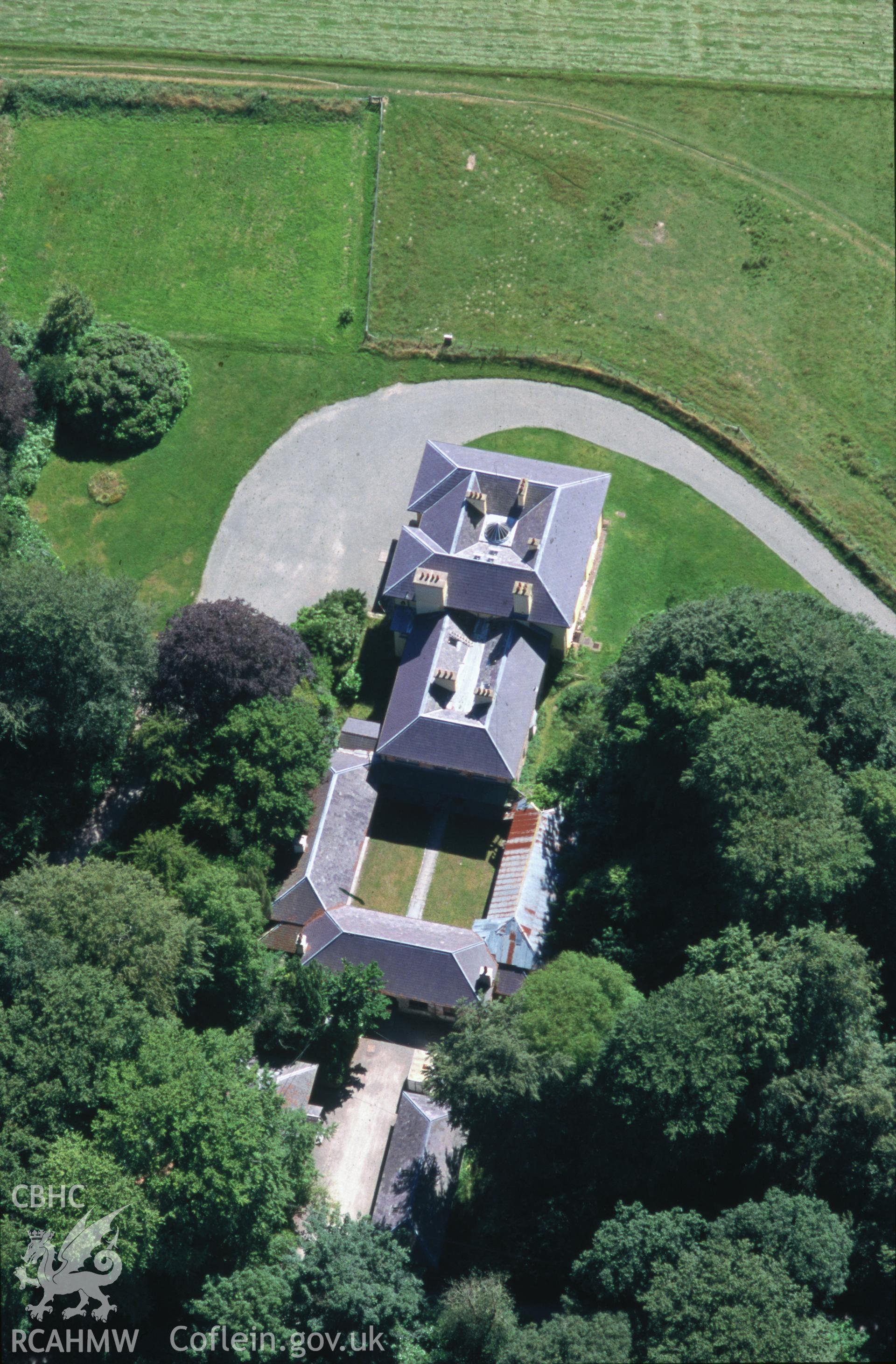 Slide of RCAHMW colour oblique aerial photograph of Llanaeron [llannerchaeron House], taken by T.G. Driver, 17/7/2000.