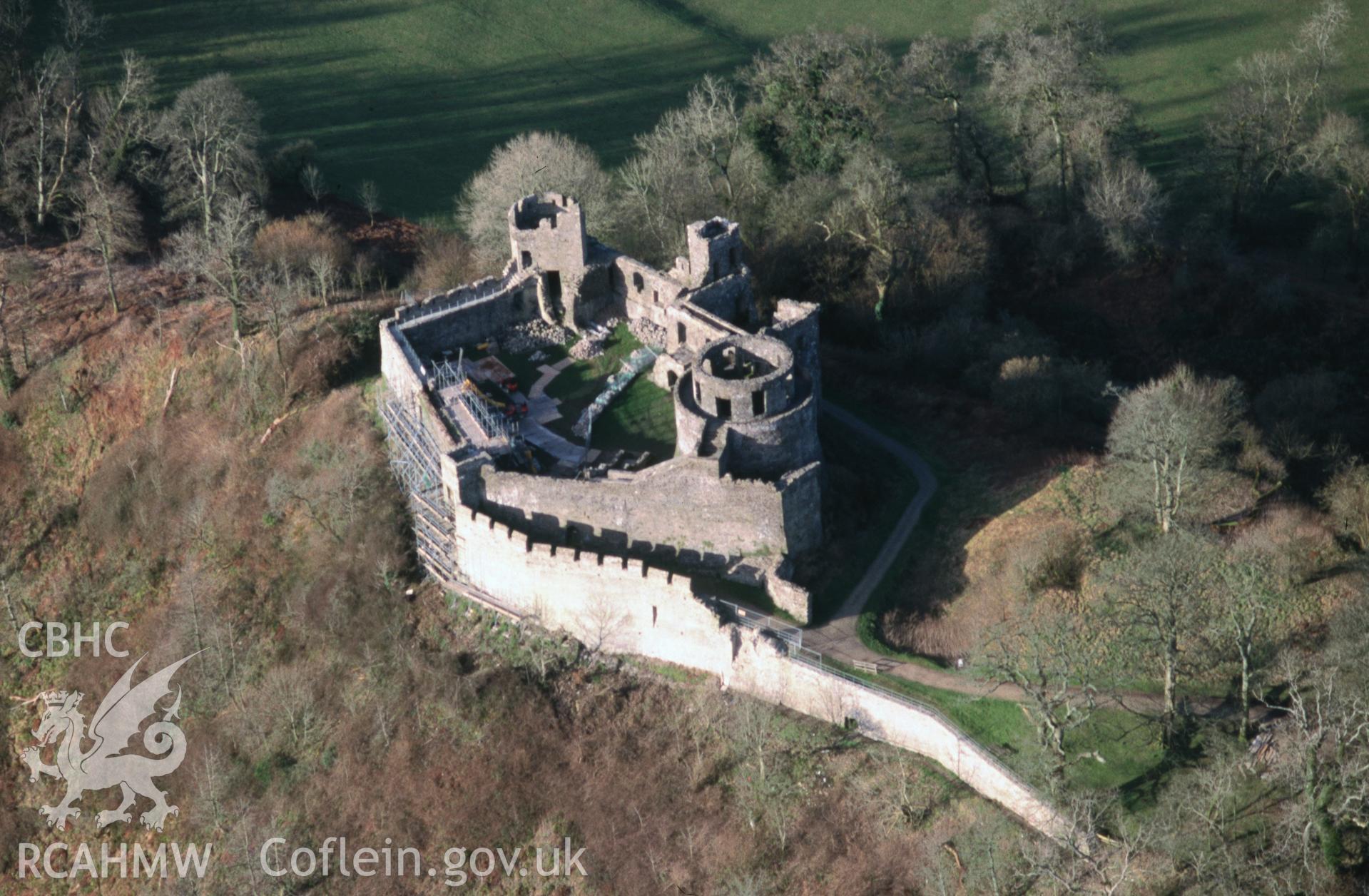 Slide of RCAHMW colour oblique aerial photograph of Dinefwr Castle, taken by T.G. Driver, 21/2/2000.