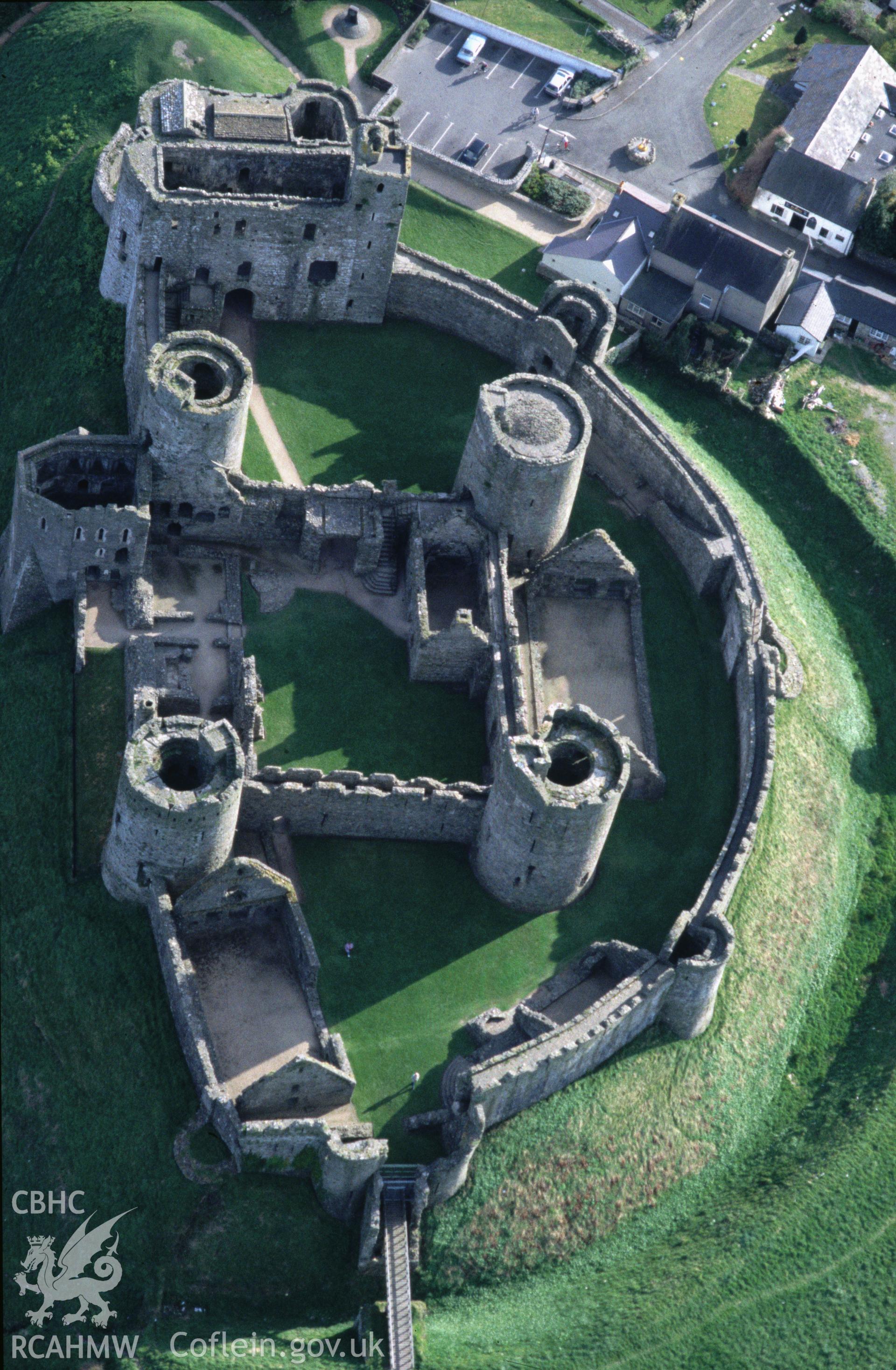Slide of RCAHMW colour oblique aerial photograph of Kidwelly Castle, taken by C.R. Musson, 19/4/1995.