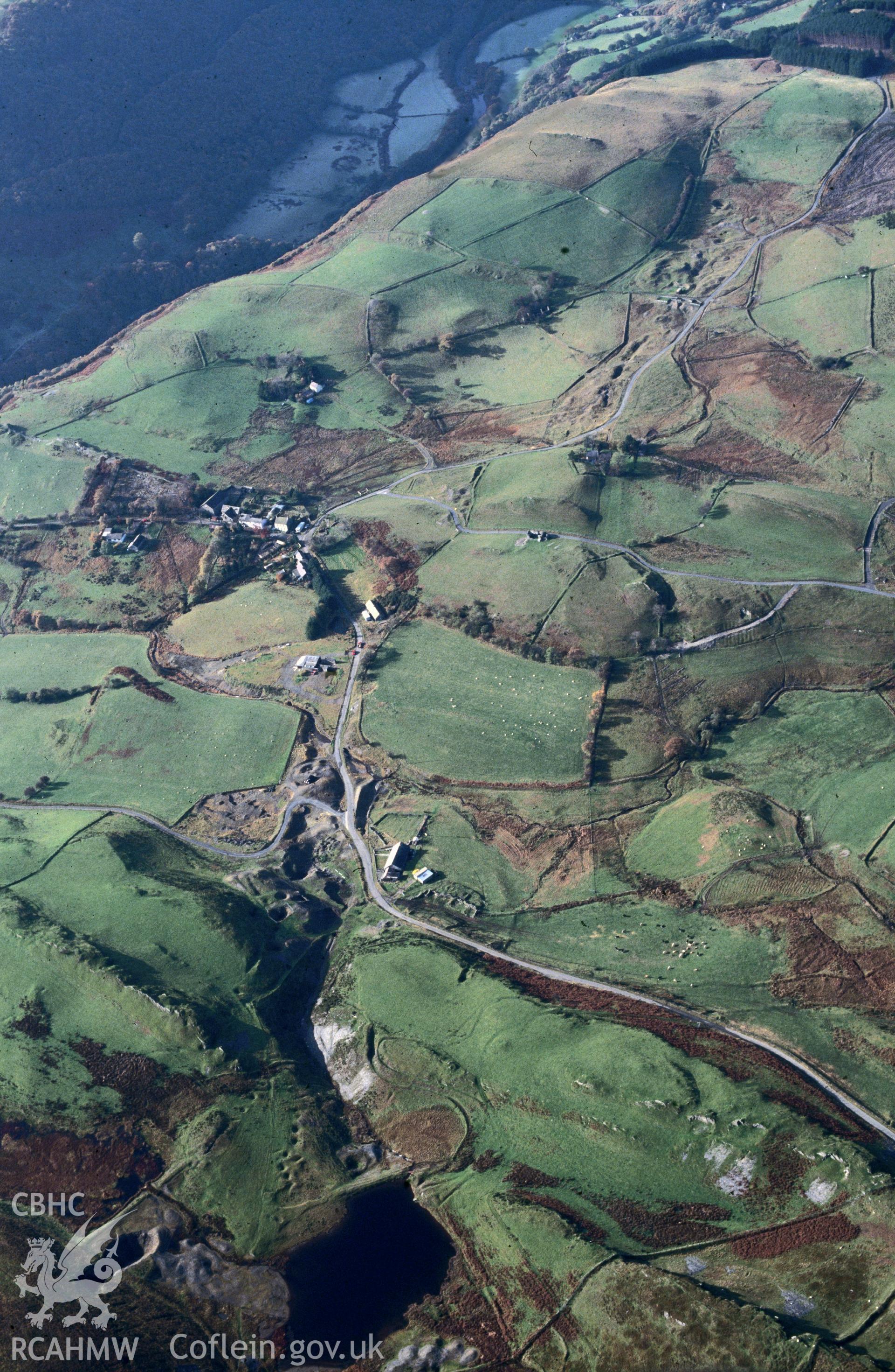 Slide of RCAHMW colour oblique aerial photograph of Ystumtuen Lead Mine, Ystumtuen, taken by C.R. Musson, 30/10/1992.
