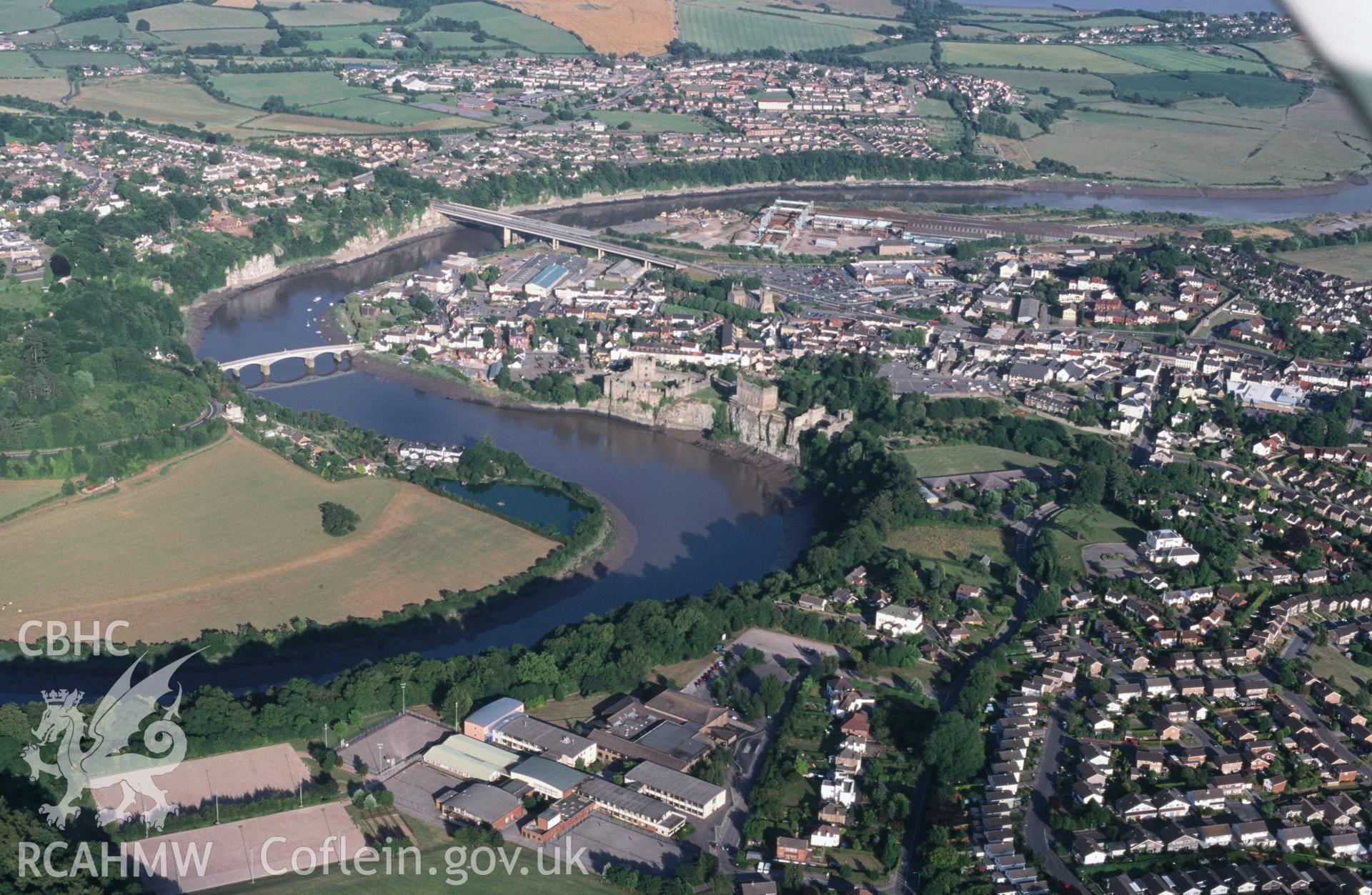 Slide of RCAHMW colour oblique aerial photograph of Chepstow Town Plans, taken by T.G. Driver, 22/7/1999.