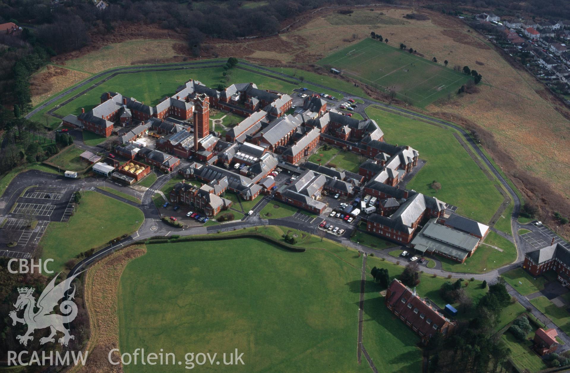 Slide of RCAHMW colour oblique aerial photograph of Cefn Coed Hospital, taken by C.R. Musson, 15/2/1997.