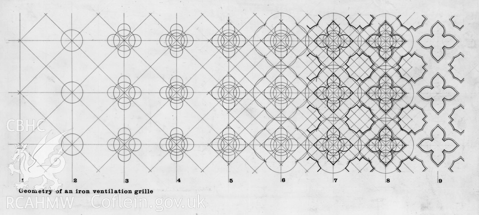 Geometry of Ventilitaion Grille, Spon Street Shop, Coventry: original (ink) tracing.