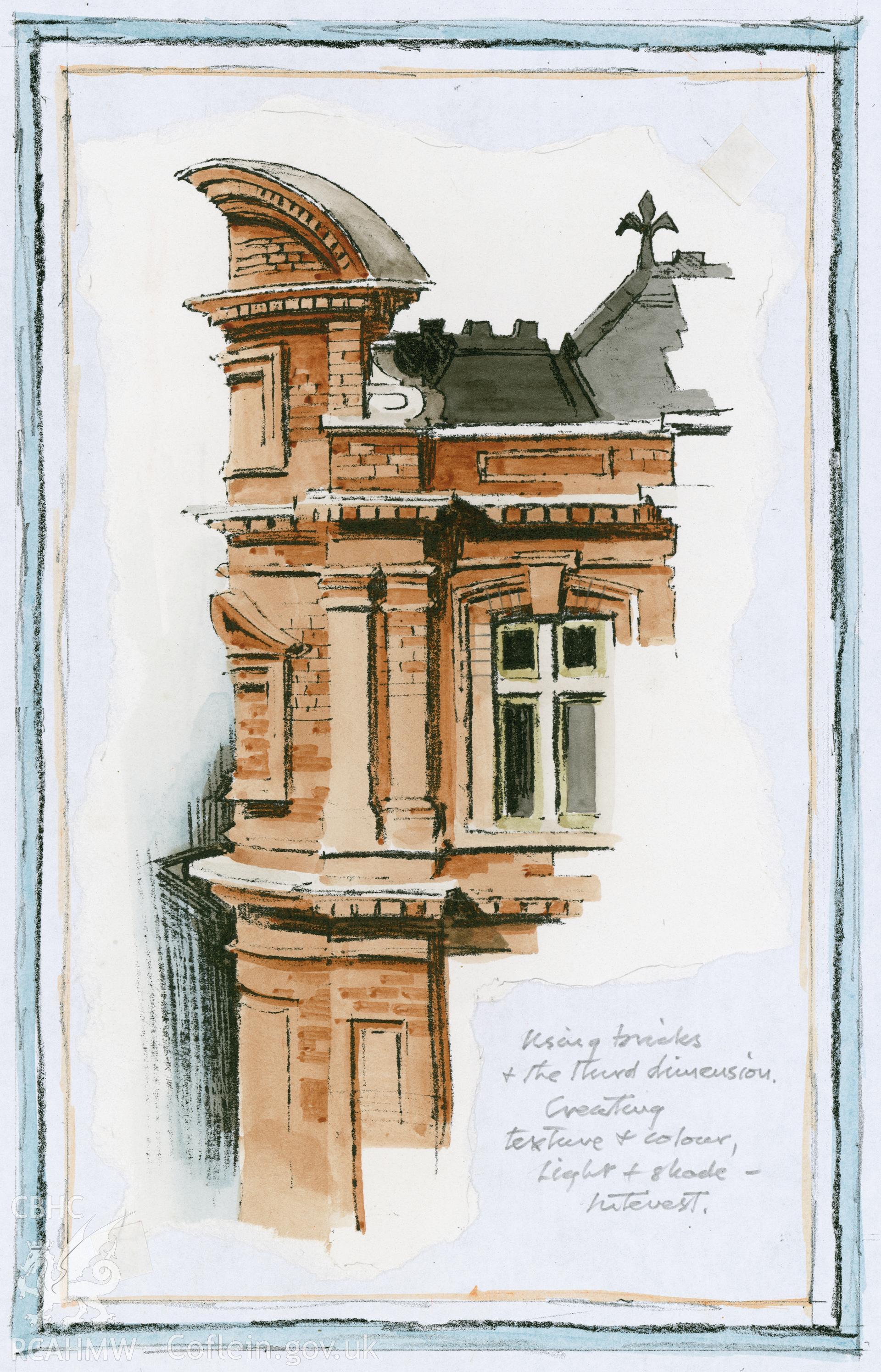 Old Glamorgan Library and Registry, Cardiff: (line copy and watercolour) study of the corner of the building.
