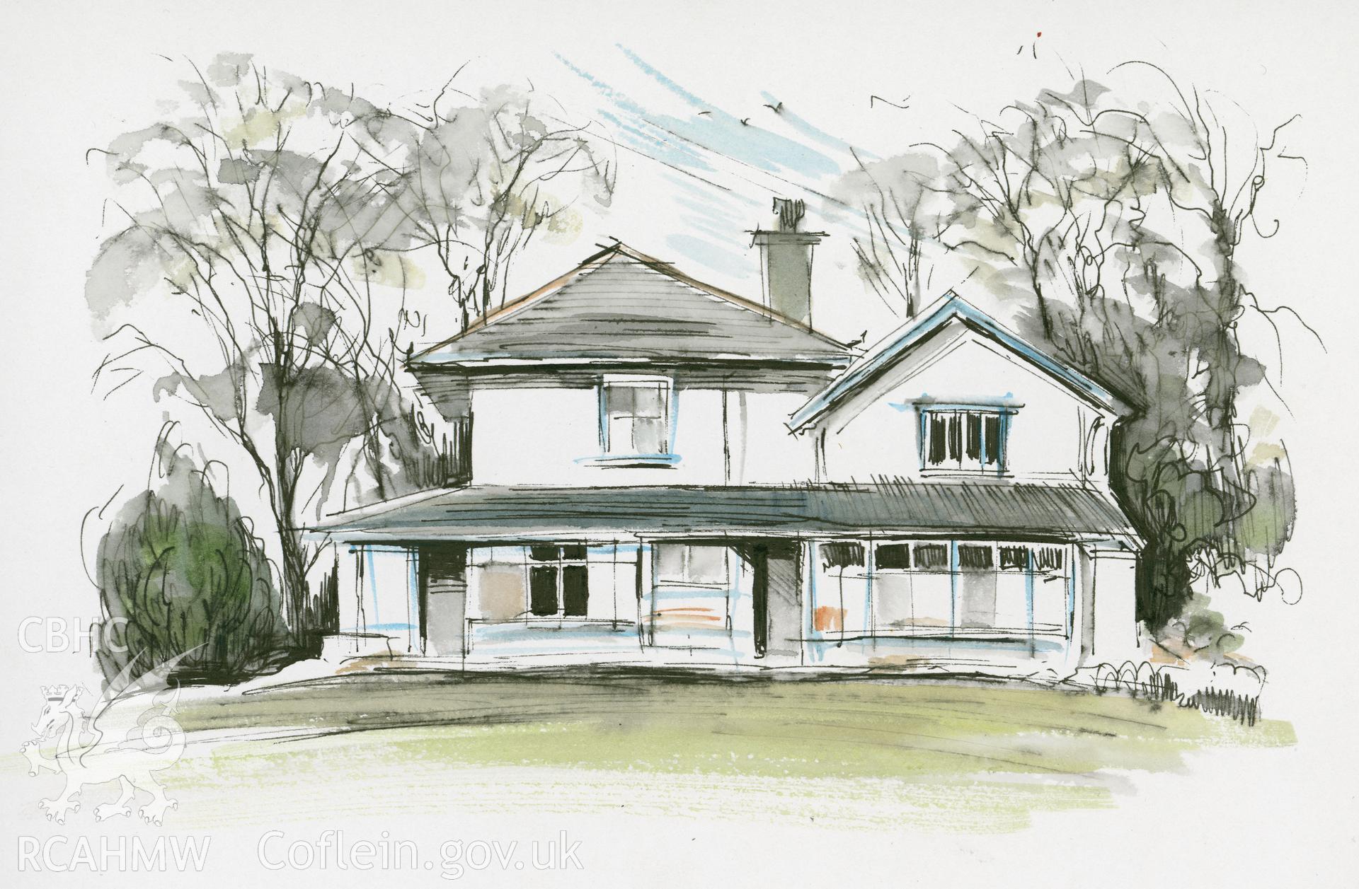 Steiner School - Looking Towards Carole's Room: (pencil and watercolour) drawing.
