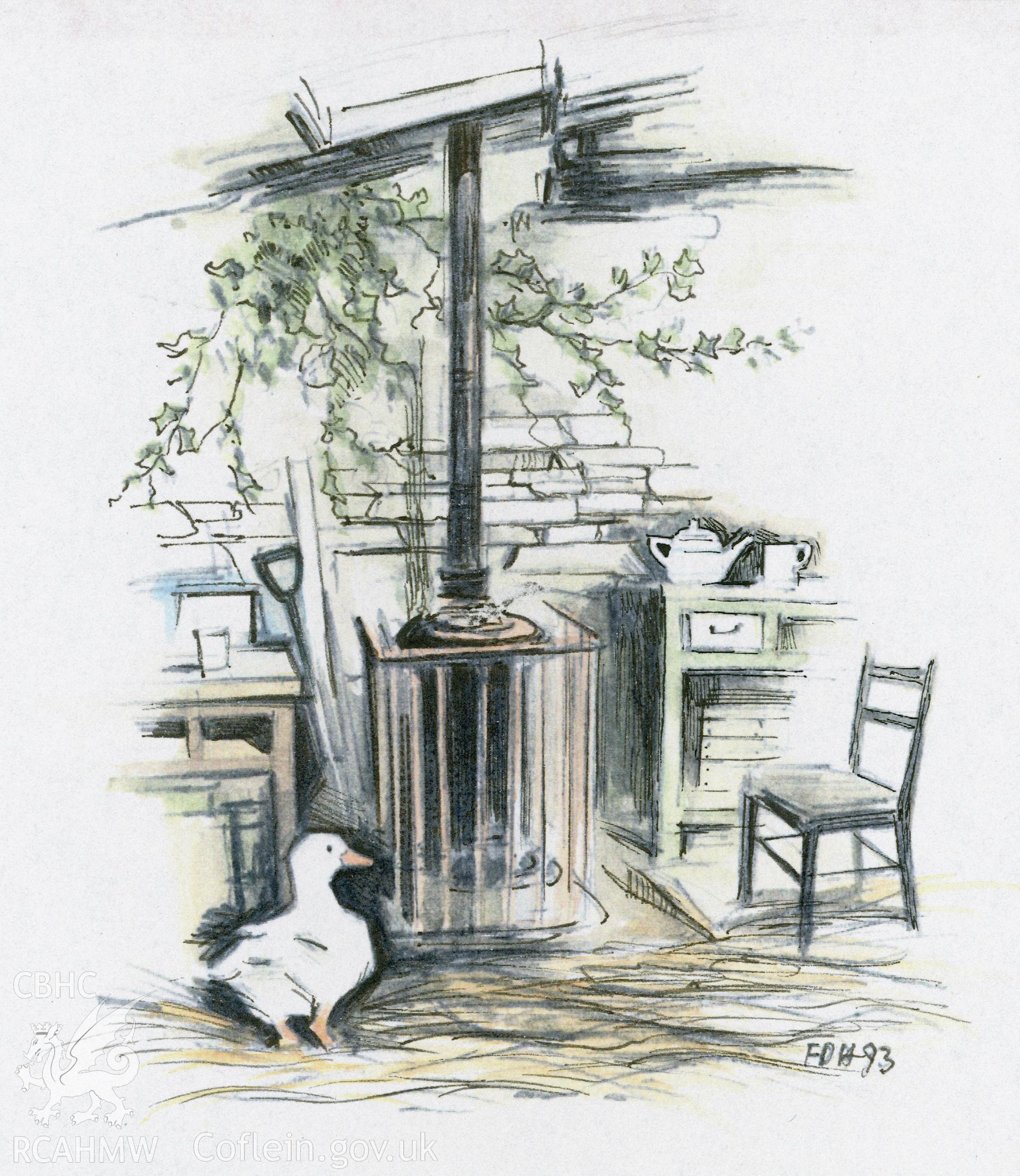 Steiner School - Gardening Shed with Duck: (pencil and watercolour) drawing.