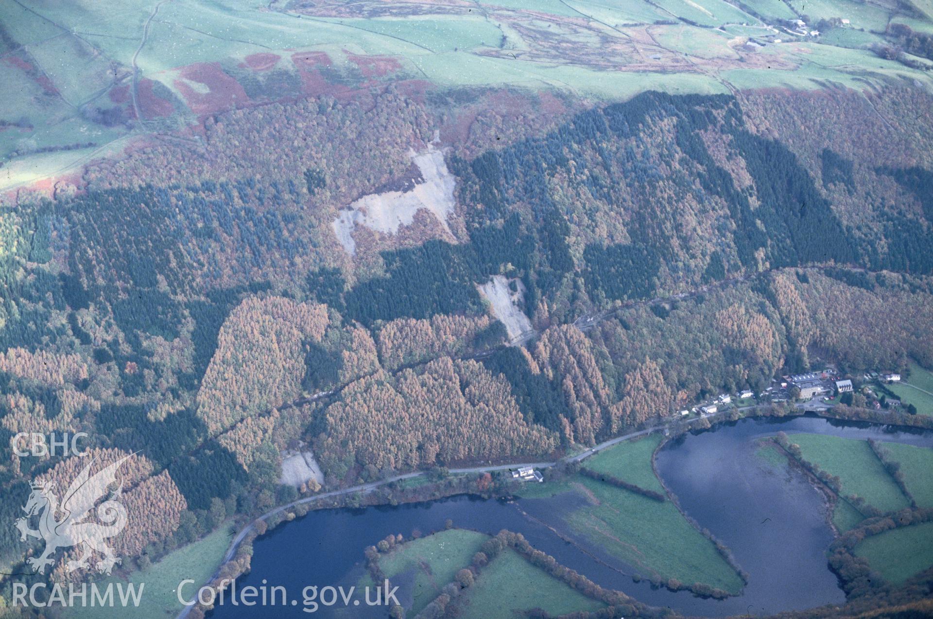 Slide of RCAHMW colour oblique aerial photograph of Coed Dol-fawr Mine, taken by C.R. Musson, 30/10/1992.