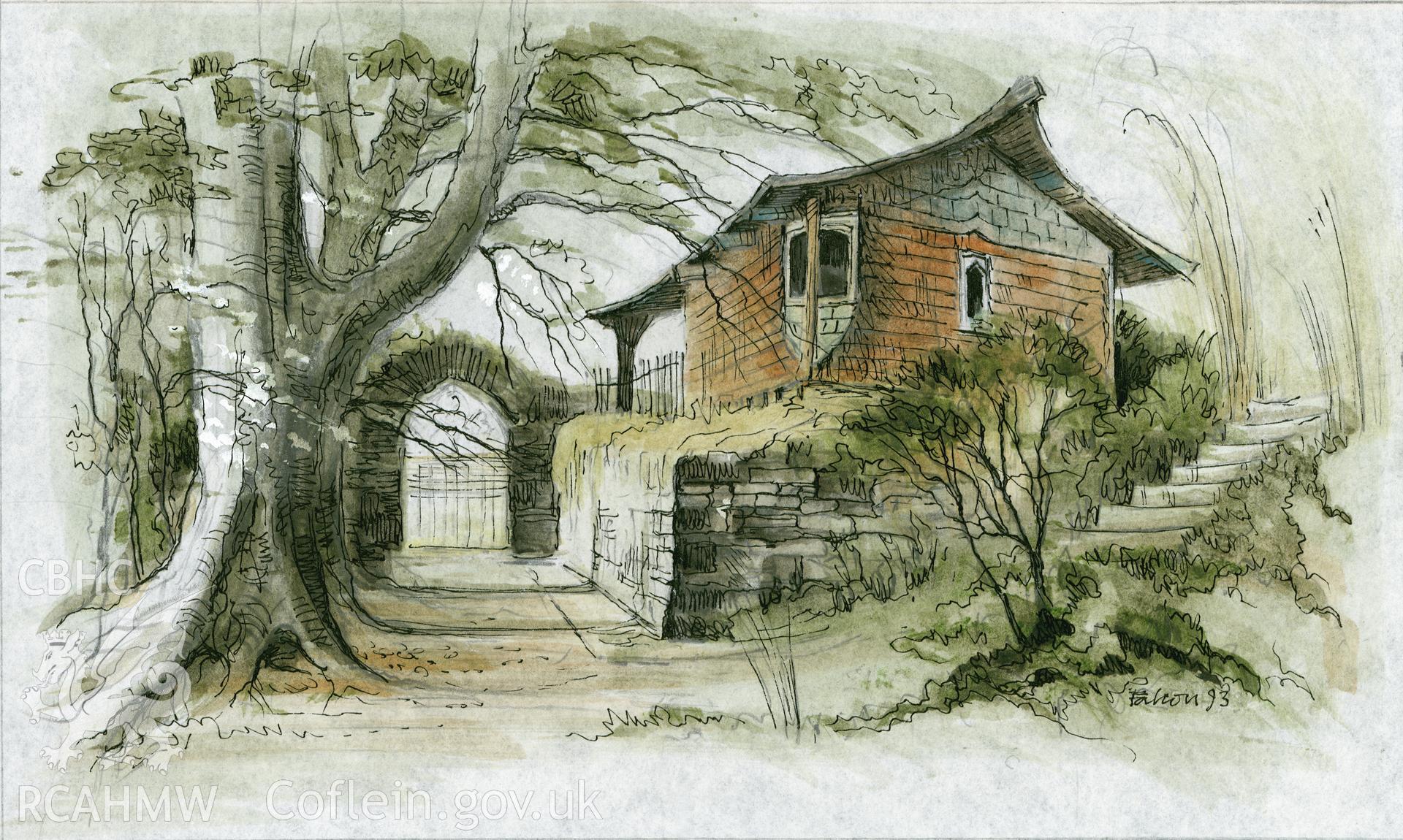Steiner School - The Shop & Gate to Walled Garden: (pencil, ink and watercolour) drawing.