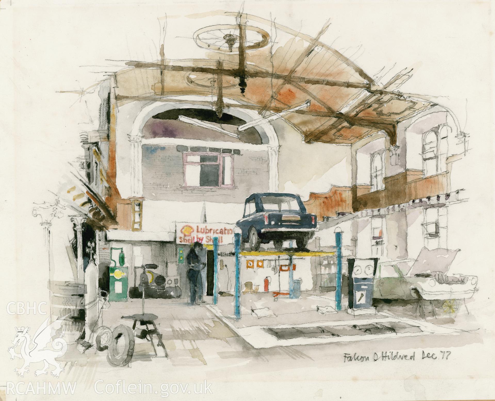 St. Duckhams (Gwylfa Garage) - Interior: (pencil and watercolour) drawing.