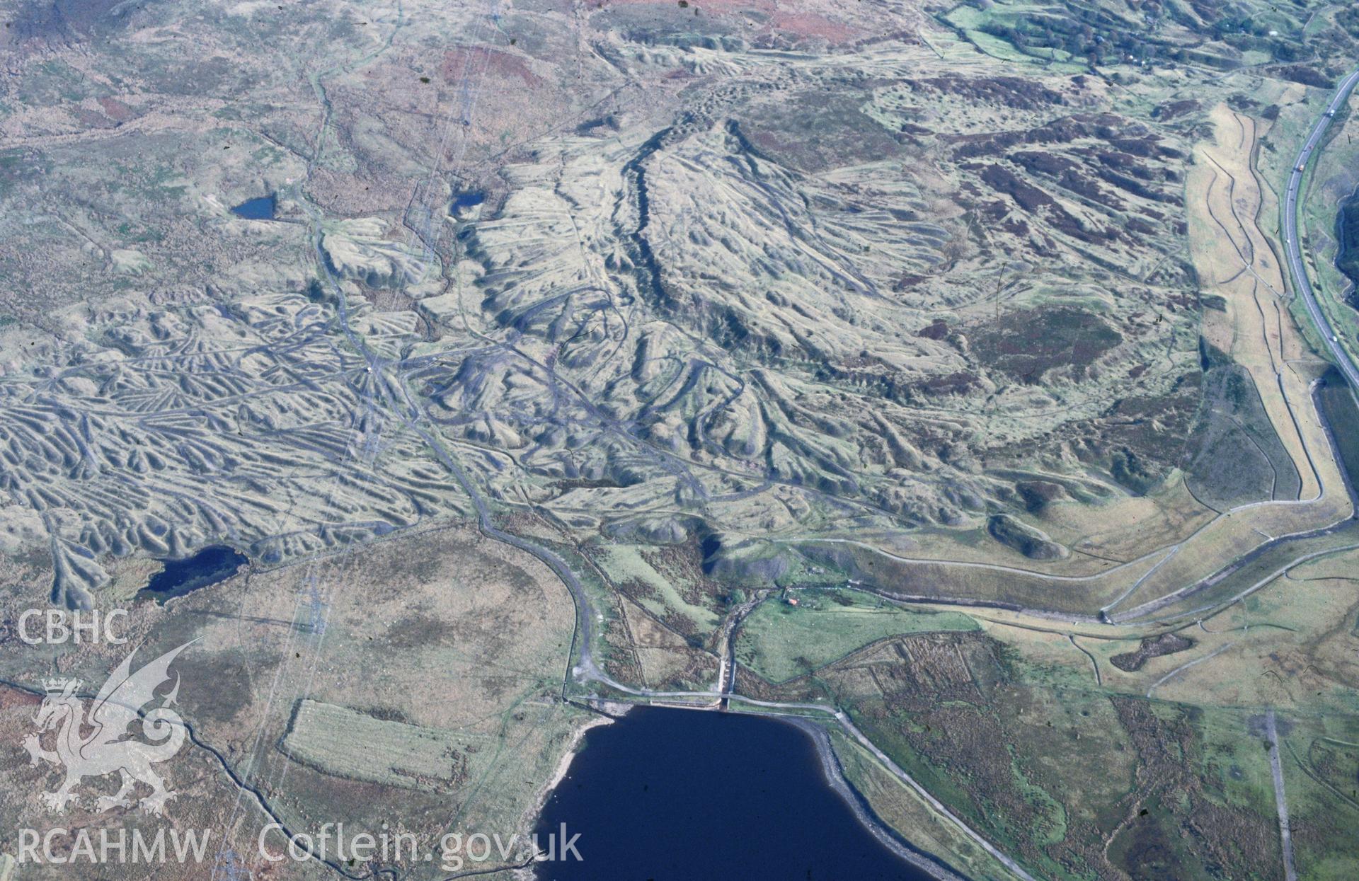 Slide of RCAHMW colour oblique aerial photograph of Clydach Terrace Mine Workings, taken by C.R. Musson, 19/10/1992.