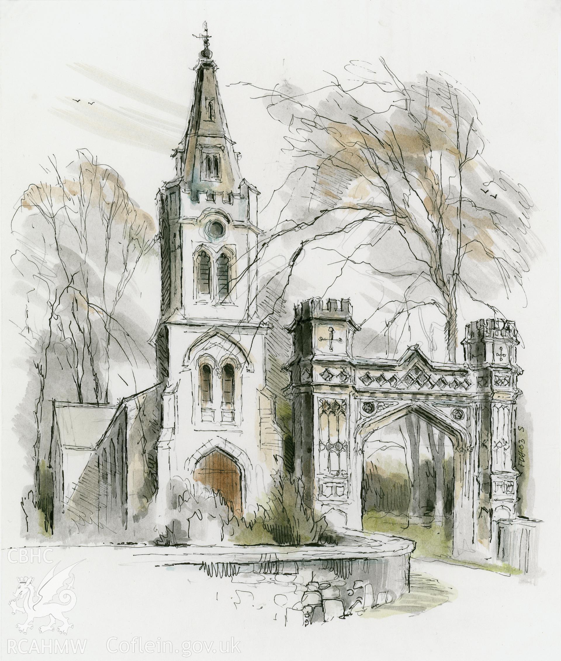 Tremadog Church and Gate: (pencil, ink and watercolour) drawing.