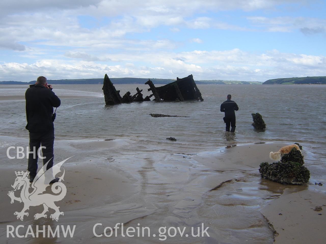Digital photograph showing the wreck of the Teviotdale on Cefn Sidan Beach, produced by Ian Cundy, August 2010