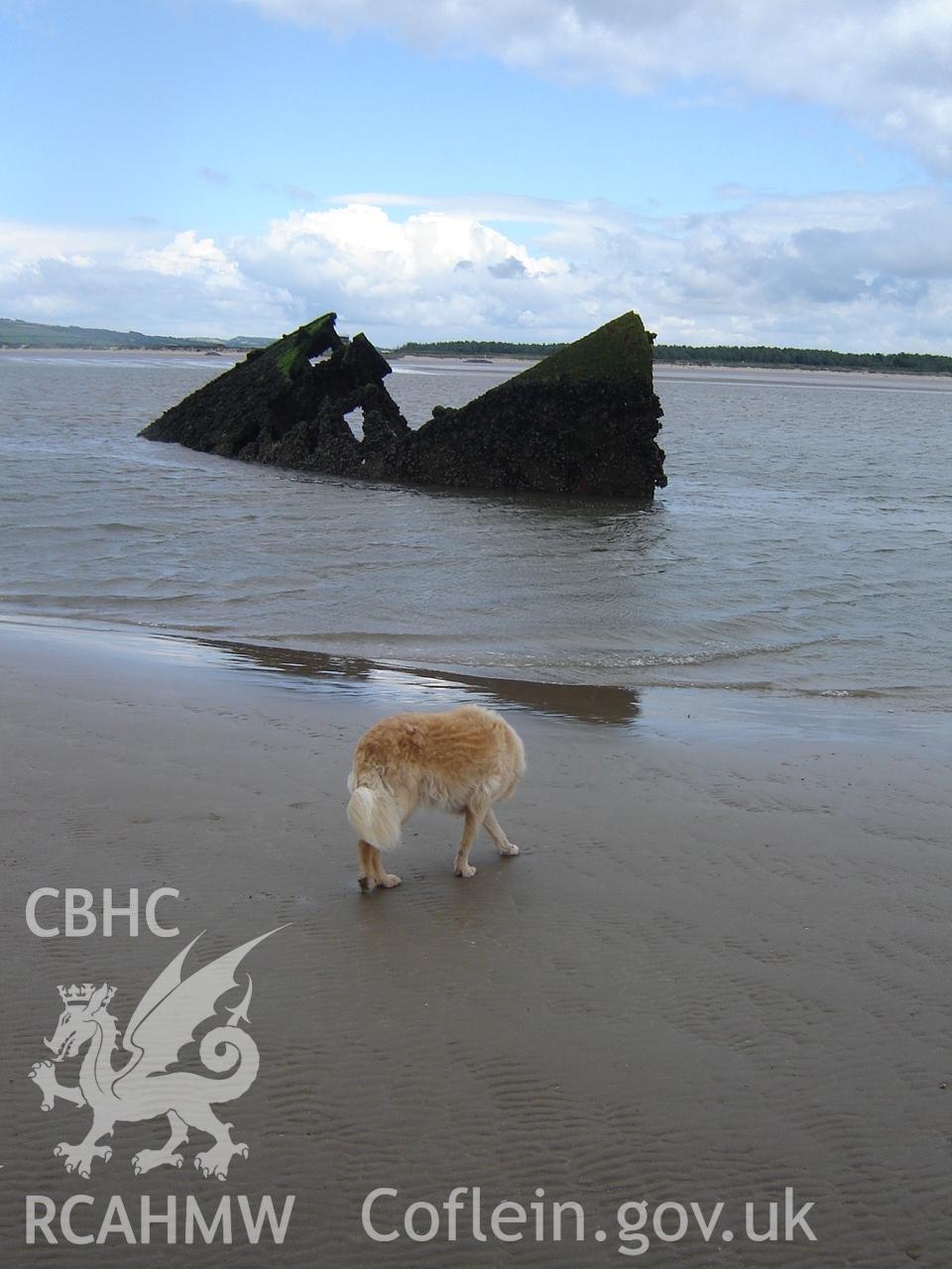 Digital photograph showing the wreck of the Teviotdale on Cefn Sidan Beach, produced by Ian Cundy, August 2010