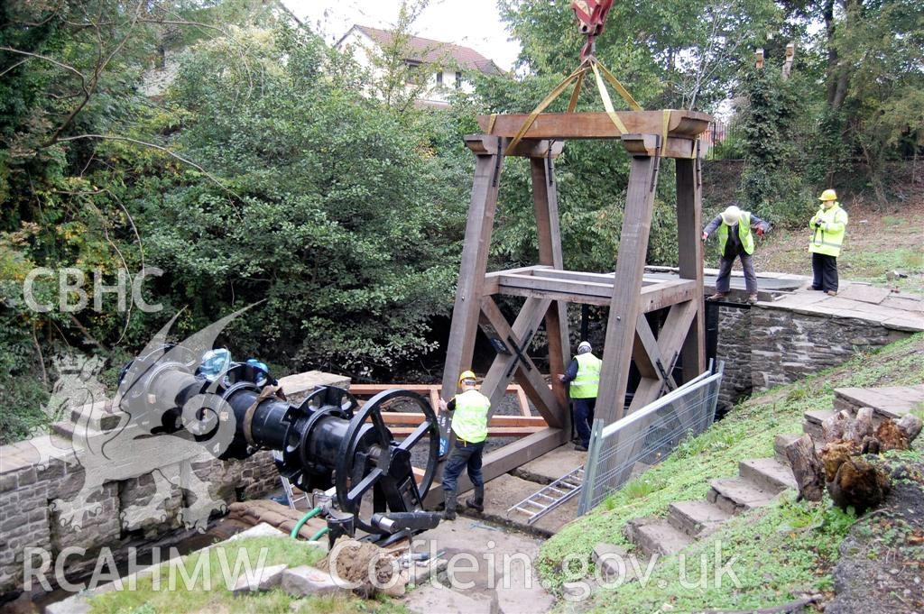 Digital image relating to Melingriffith Water Pump: A-frame being lifted and lowered into final position.