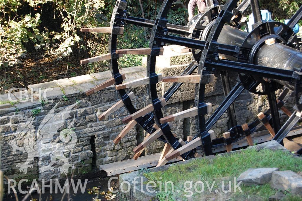 Digital image relating to Melingriffith Water Pump: Elm blade brackets being attached to the wheel rims.