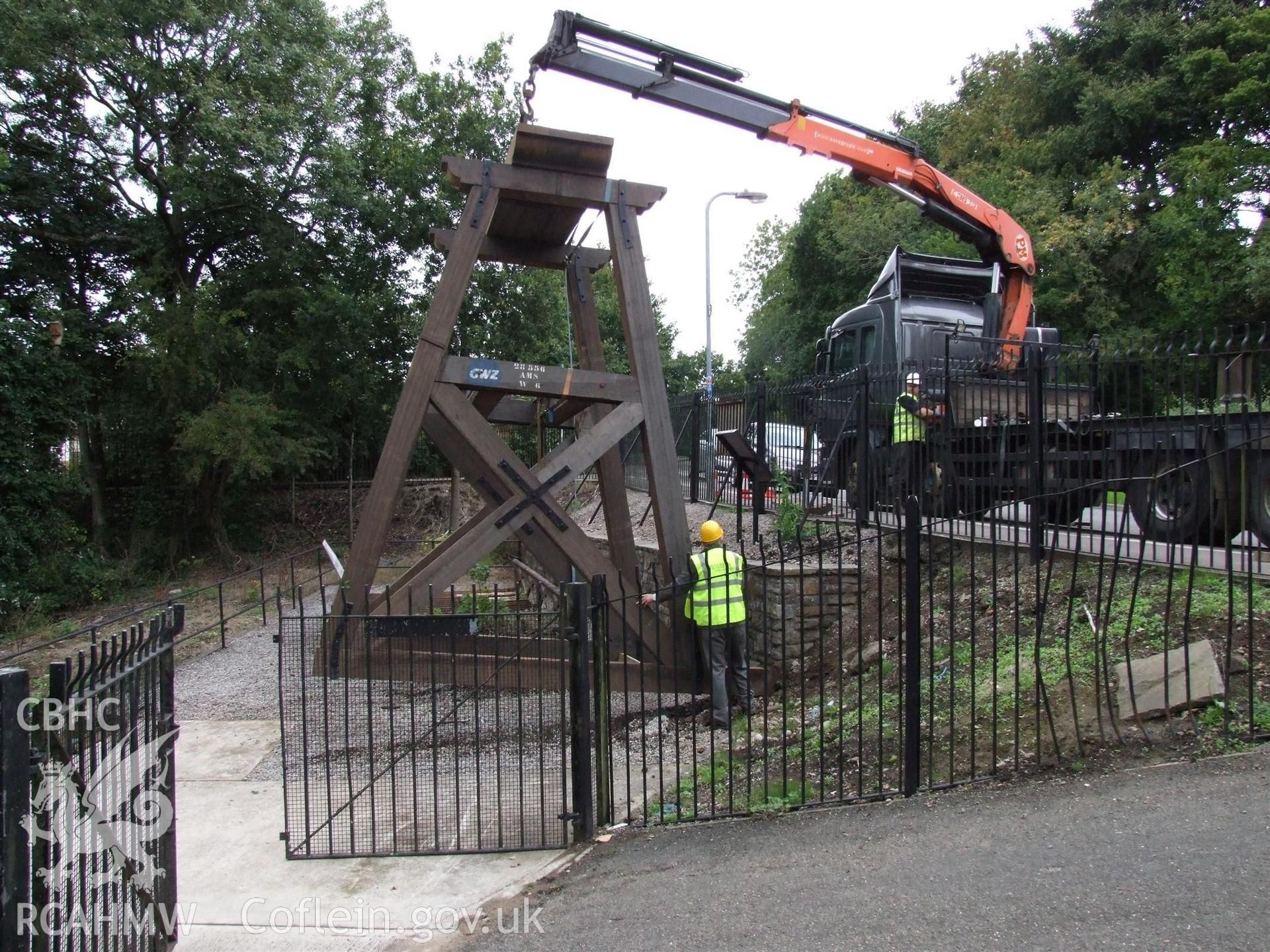 Digital image relating to Melingriffith Water Pump: Replacement A-frame being lowered to temporary location in advance of main lift.