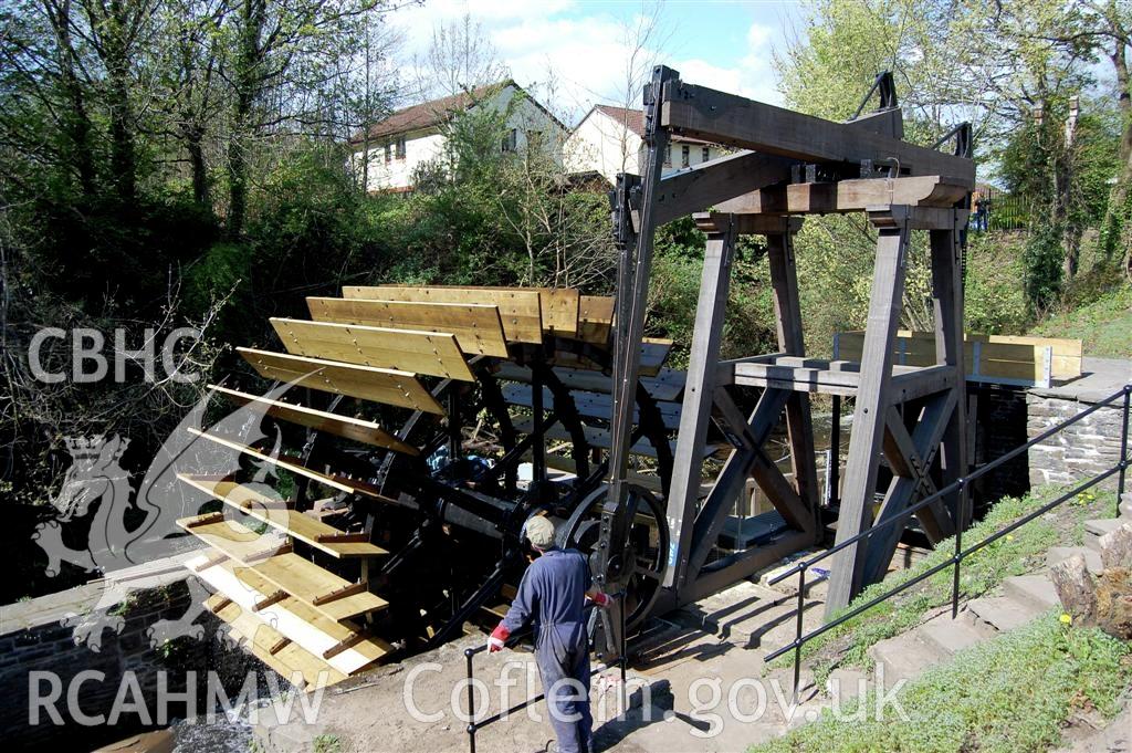 Digital image relating to Melingriffith Water Pump: Restored water wheel and pump being turned by electric power for the first time following fine balancing and adjustments.