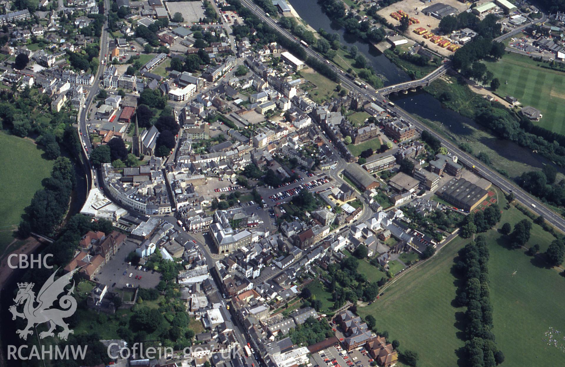 RCAHMW colour slide oblique aerial photograph of the town, Monmouth, taken by C.R.Musson on the 11/07/1996