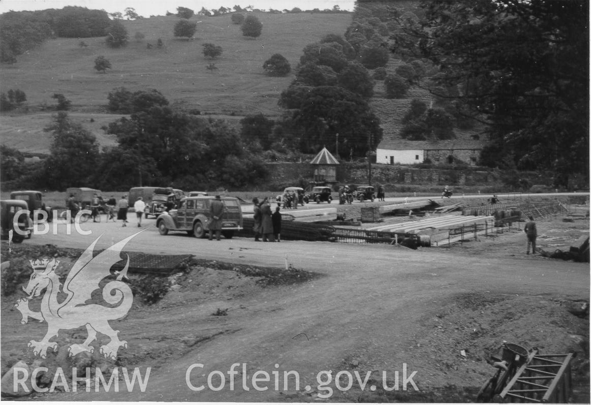 Digitised photograph of construction work on the 'Bala Lake Scheme'. Old sluice house is visible in the background. Scanned from an original held by the Environment Agency.