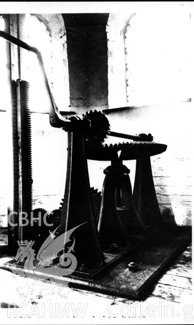 Digitised photograph of old gearing used to move the sluice gates on edge of lake Bala. Scanned from an original held by the Environment Agency.