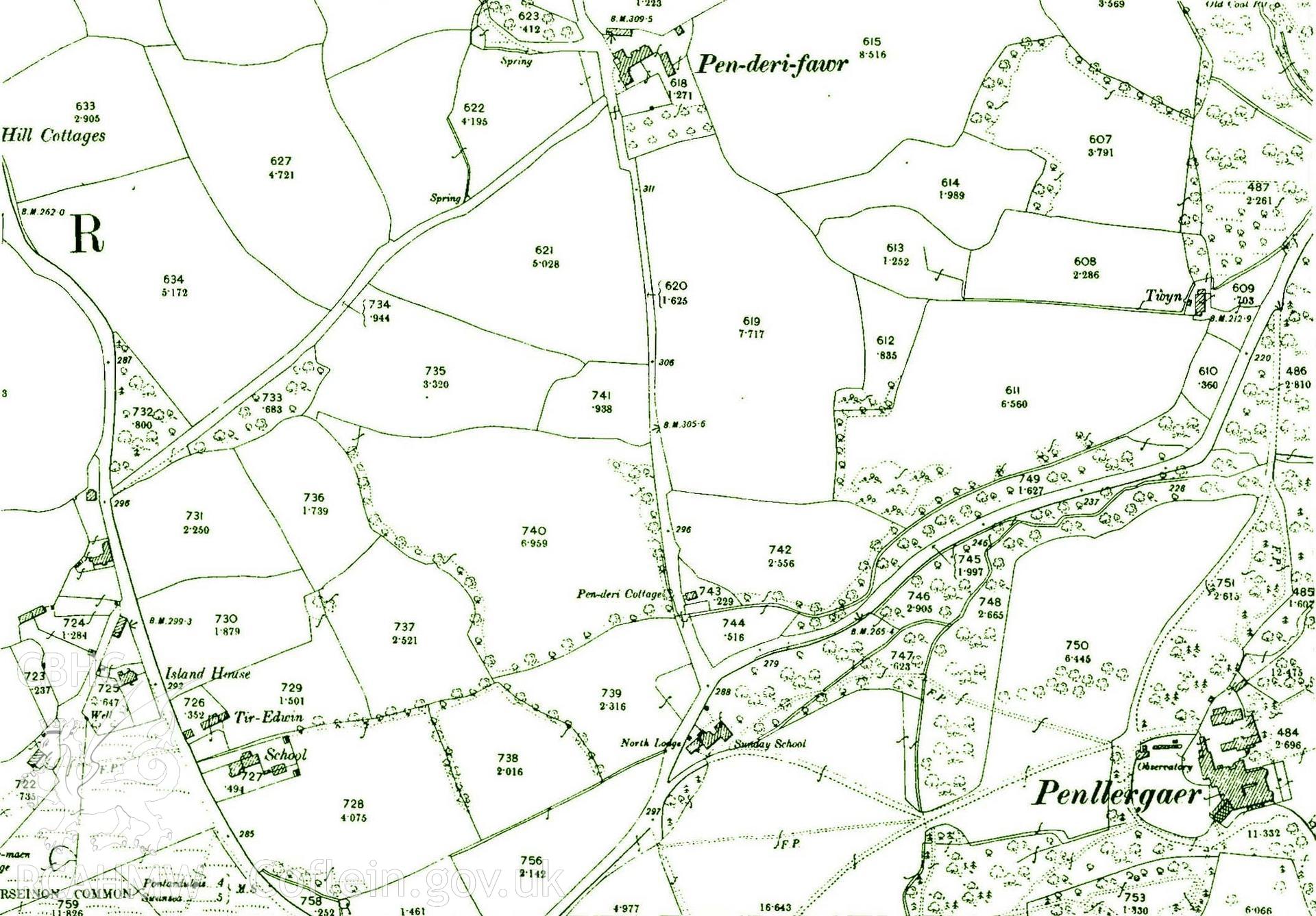 Digital copy of part of OS map sheet XIV. 7S. It depicts part of the Penllergare Estate.