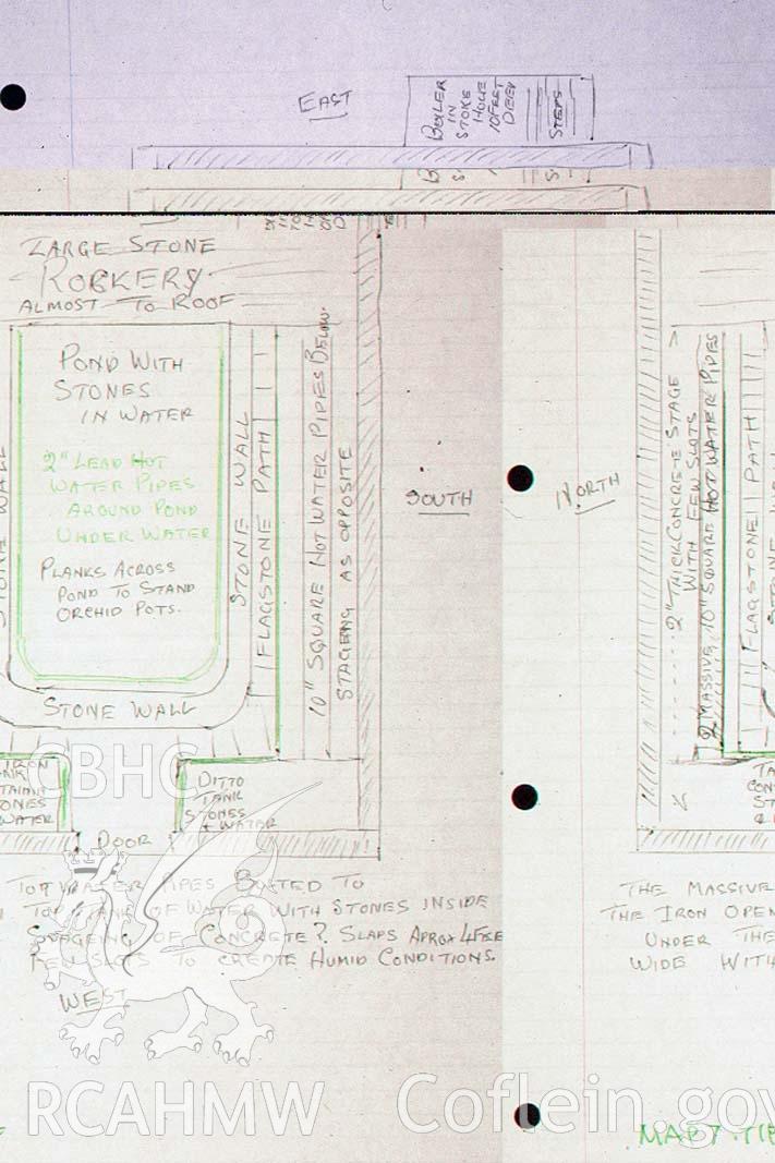 Digital copy of a sketch plan of the Orchid house at Penllergare.