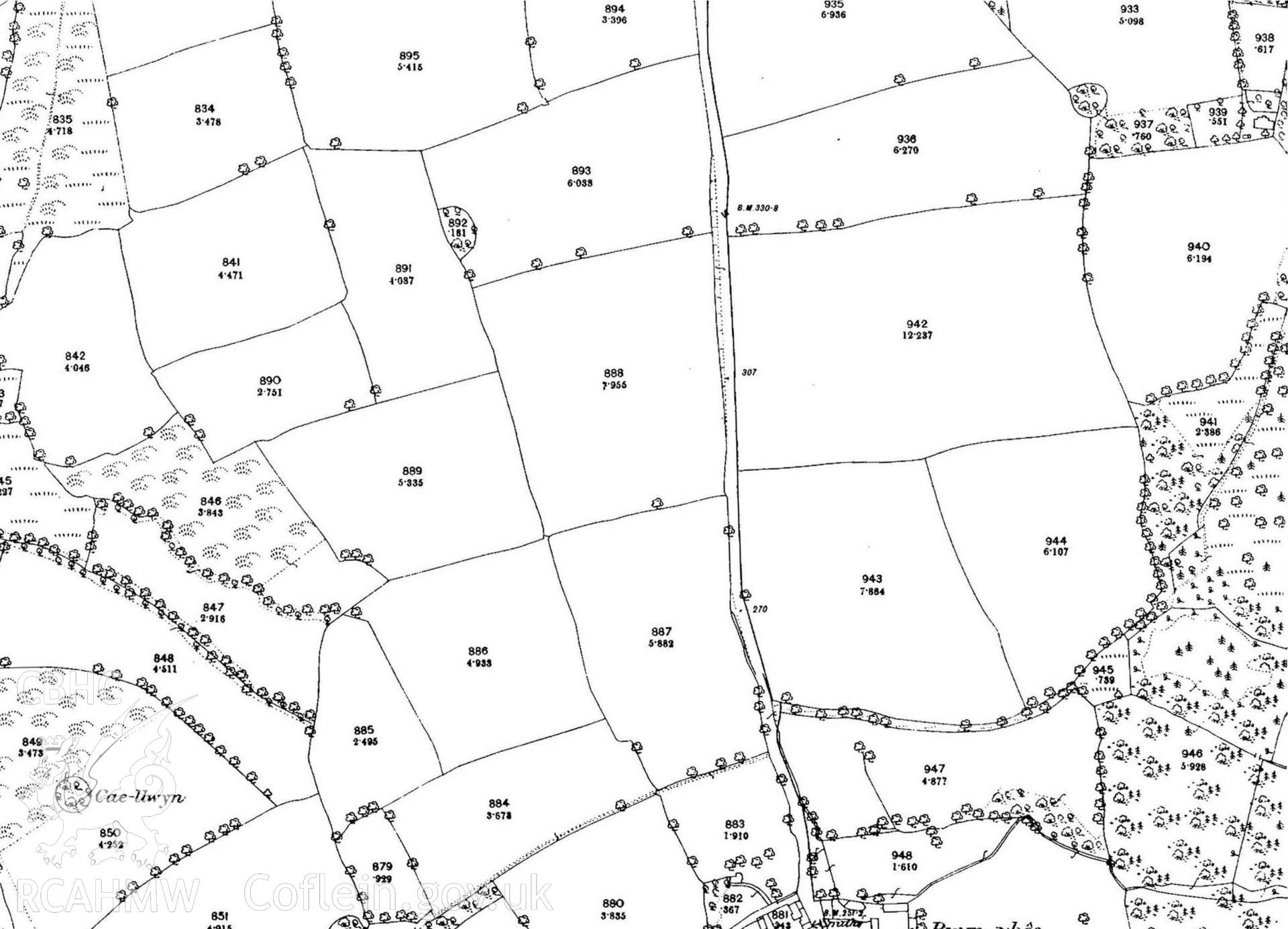 Digital copy of part of OS map sheet XIV.11 M. It depicts part of the Penllergare Estate and the surrounding area.